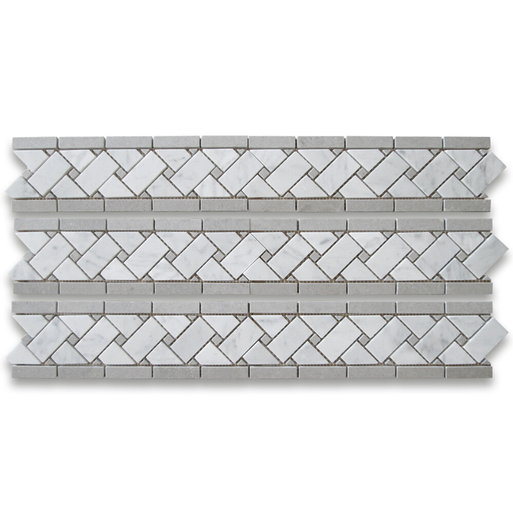 C653BXH Carrara White Marble Basketweave Mosaic Border Gray Dots Honed 4×12
