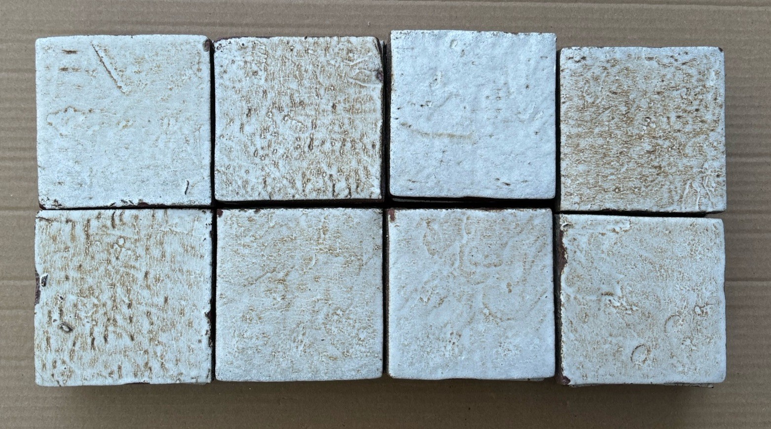 4 Vintage Hand Made Mottled Glazed Field Tile THICK 3 7/8″sq Set of 4 NOS #B
