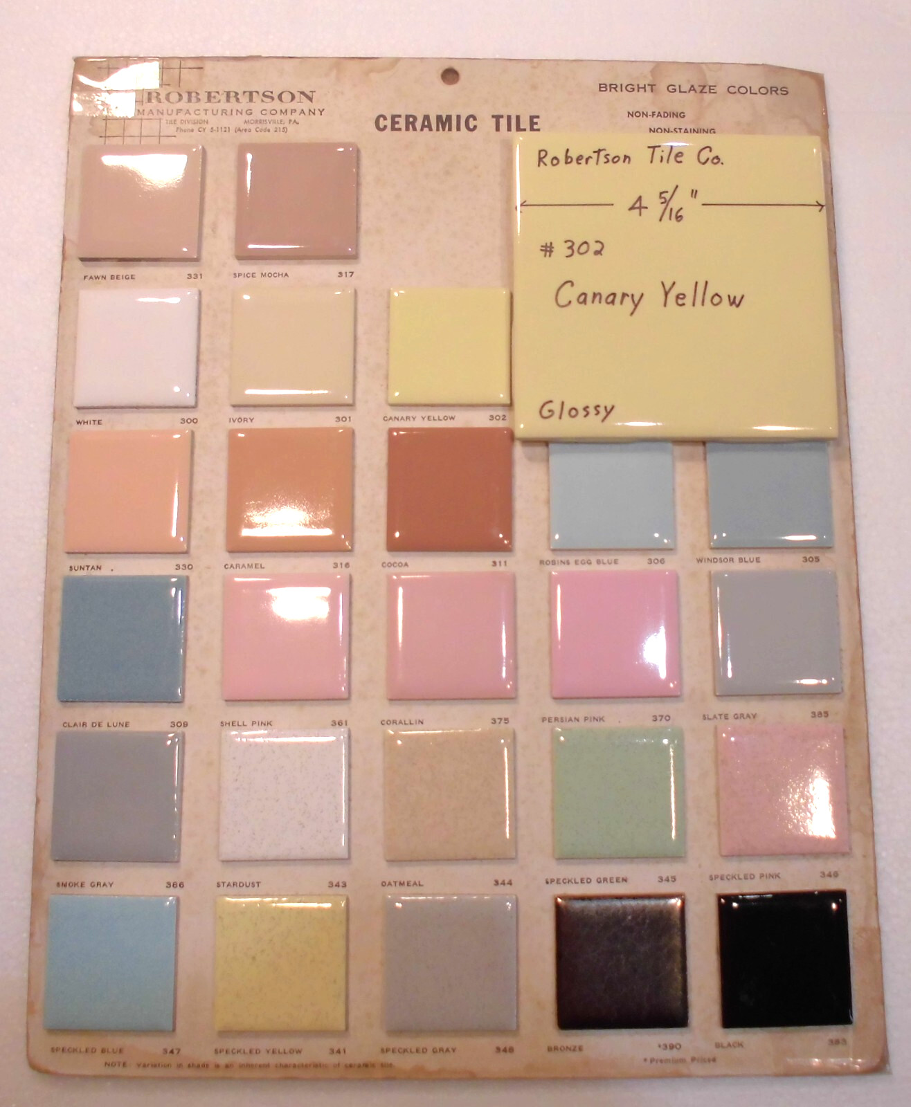 1 pc. Canary Yellow: 4-5/16″ Glossy Ceramic Tile by Robertson Co. #302, NEW
