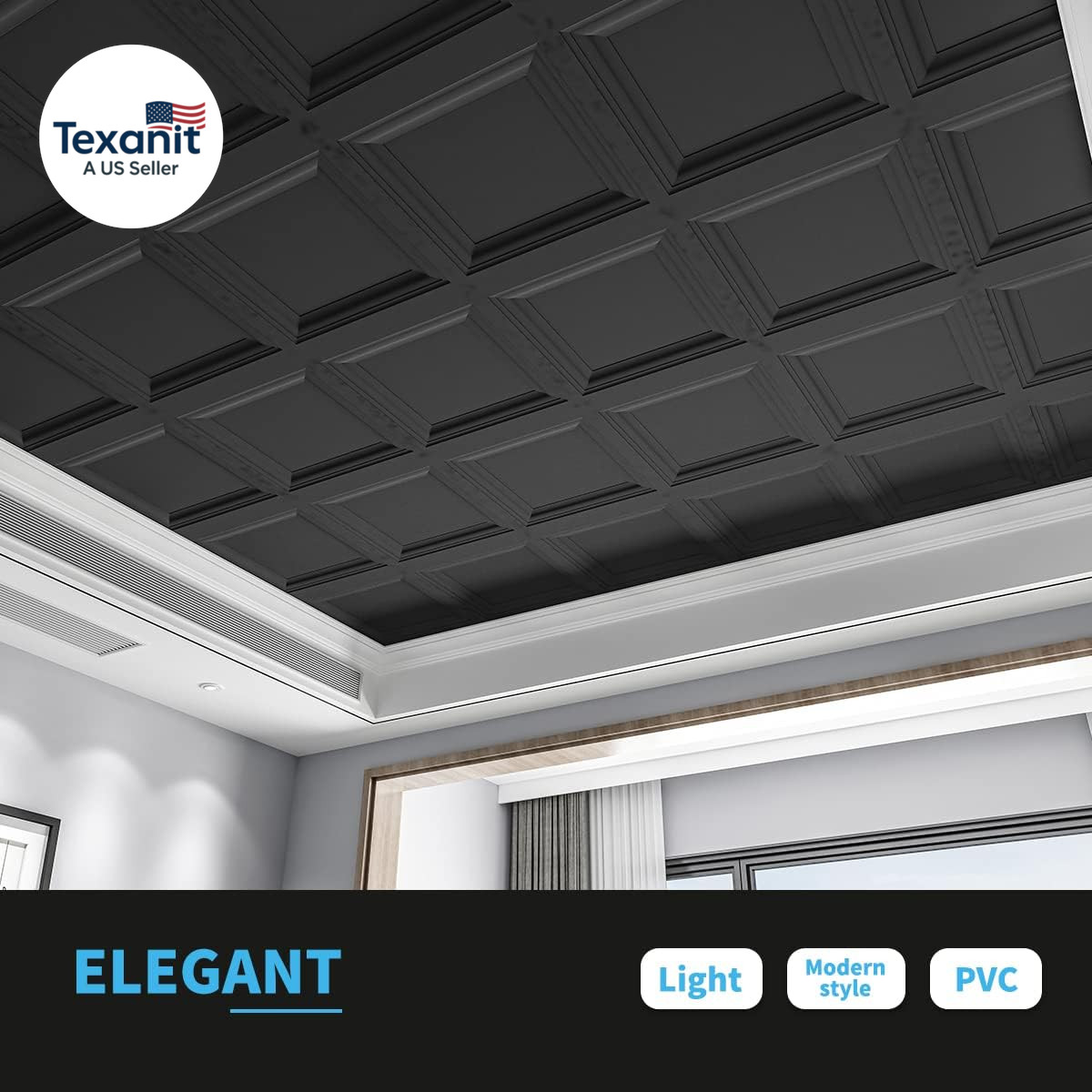 24-Pack Square Drop Ceiling Tile 2Ft X 2Ft in Black, PVC Ceiling Panel 24 X 24In