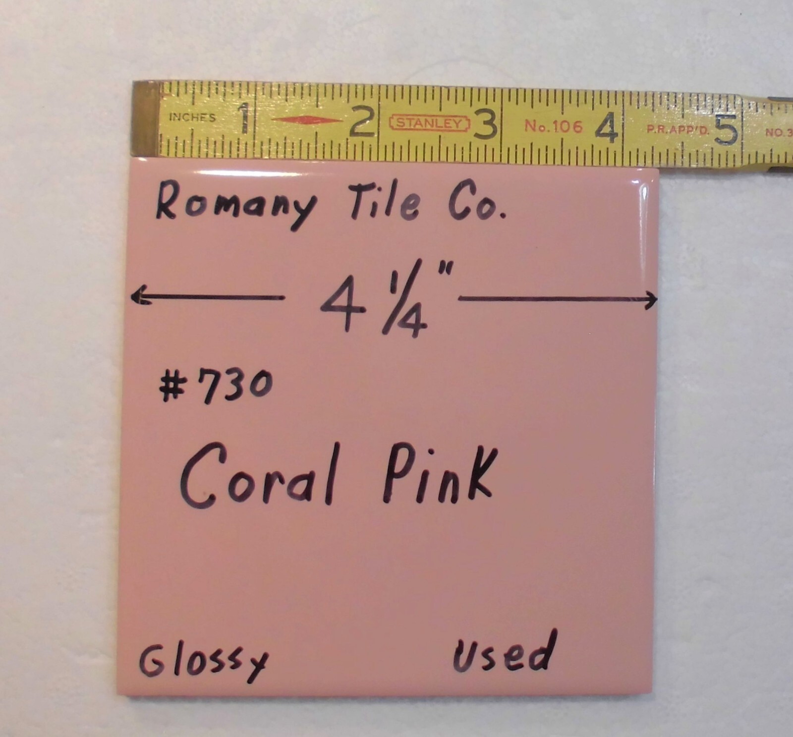 1 pc. Coral Pink #730 by Romany Tile Co. 4-1/4″ Glossy Ceramic from 1940’s Used