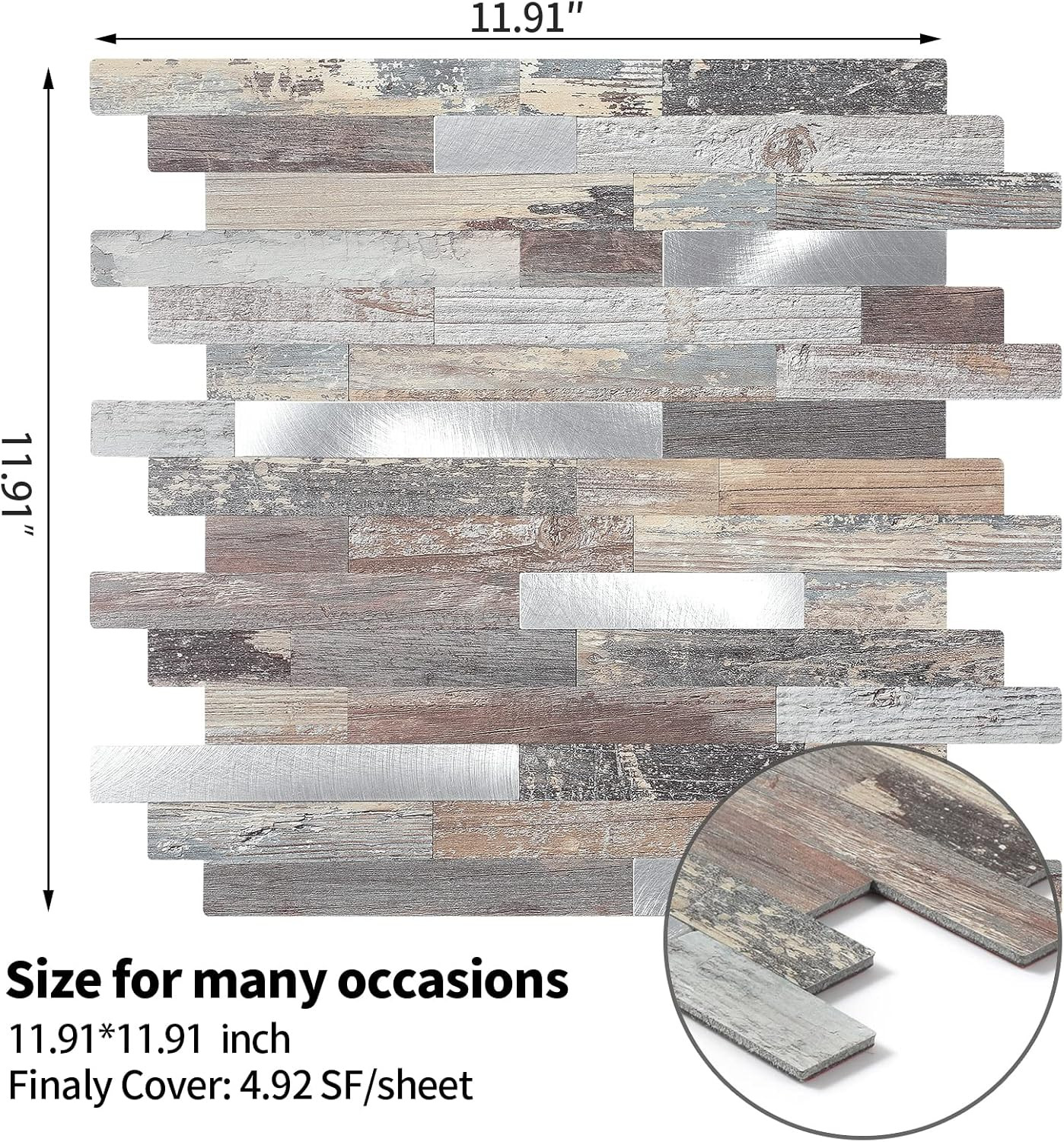 Peel and Stick Wood Metal Tile Backsplash, Stick on Tiles for Backsplash Kitchen