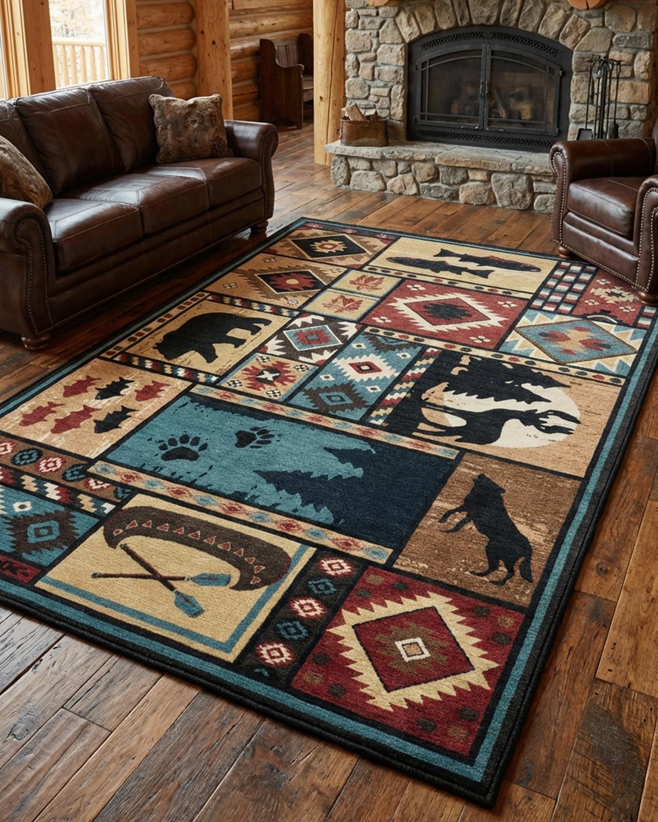 Rustic Rugs for Living Room, Washable Cabin Rug 5×7 Bear Area Rug Country Far…