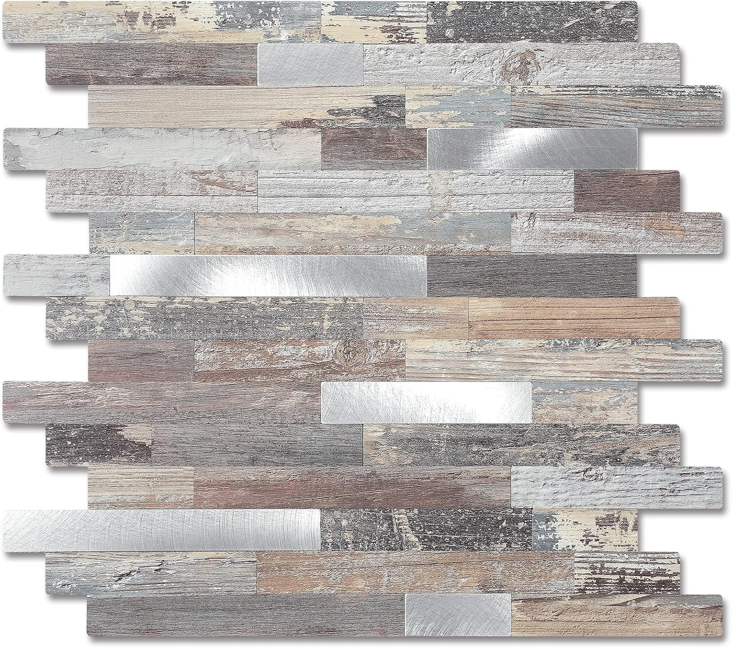 Peel and Stick Wood Metal Tile Backsplash, Stick on Tiles for Backsplash Kitchen
