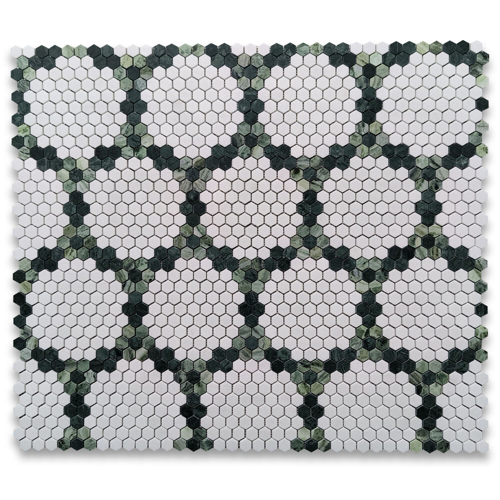 T31F92XH Thassos White Marble Pinnacle Hexagon?Green Garland Mosaic Tile Honed