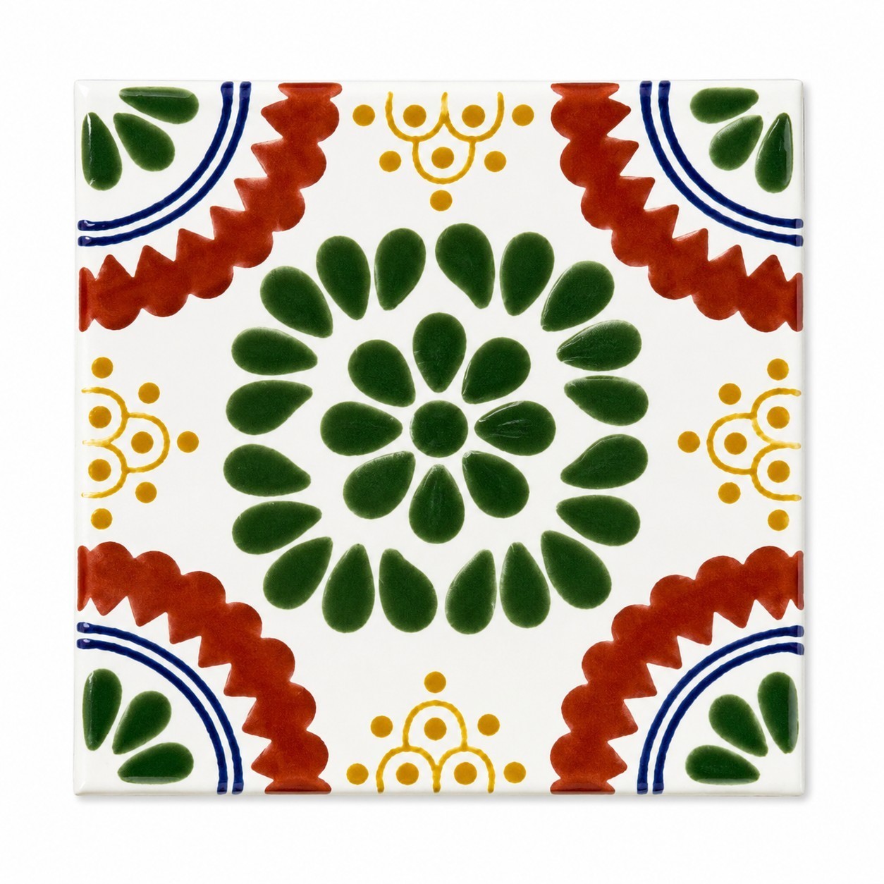 Floral Medallion Green Rosette Talavera Tile 4.25”x4.25” | Handmade Mexican Tile