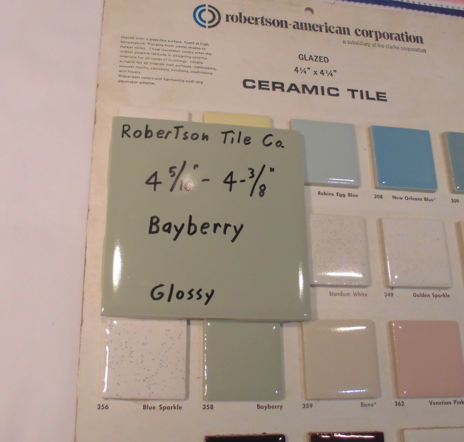 1 pc. Vintage Ceramic Tile *Bayberry Green* 4-5/16″- 4-3/8″ Robertson Co. NOS