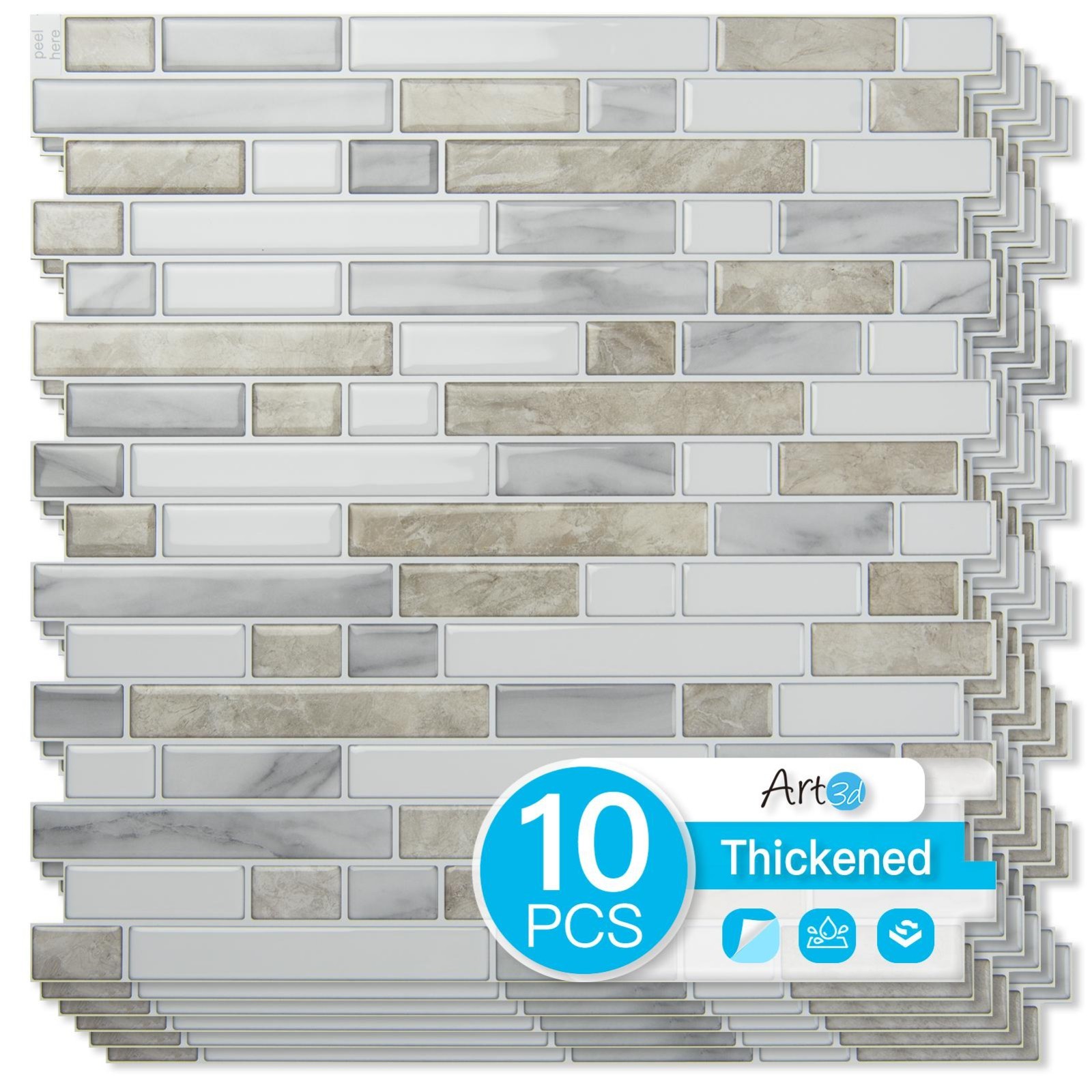 10pcs Peel and Stick Backsplash Thickened Tiles, 12”x12”, Cover 10 Sq.Ft.
