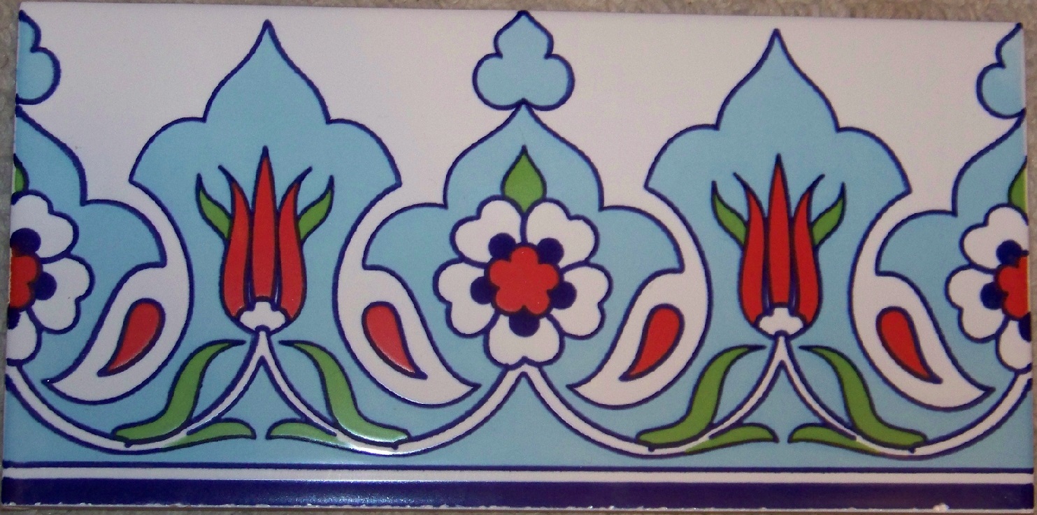 Turkish Light Blue 4″x8″ Raised Iznik Ceramic Tulip & Daisy Tile Border