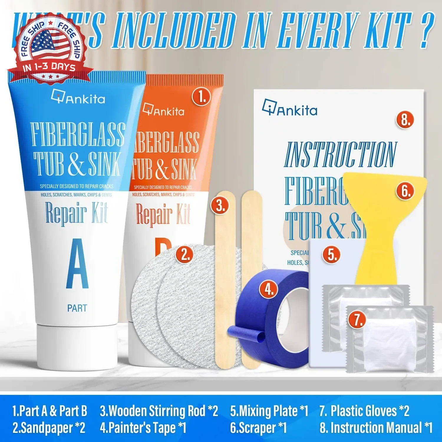 Tub Repair Kit White, Tub Chip and Bathtub Repair Kit for Enamel, Fiberglass, Ac