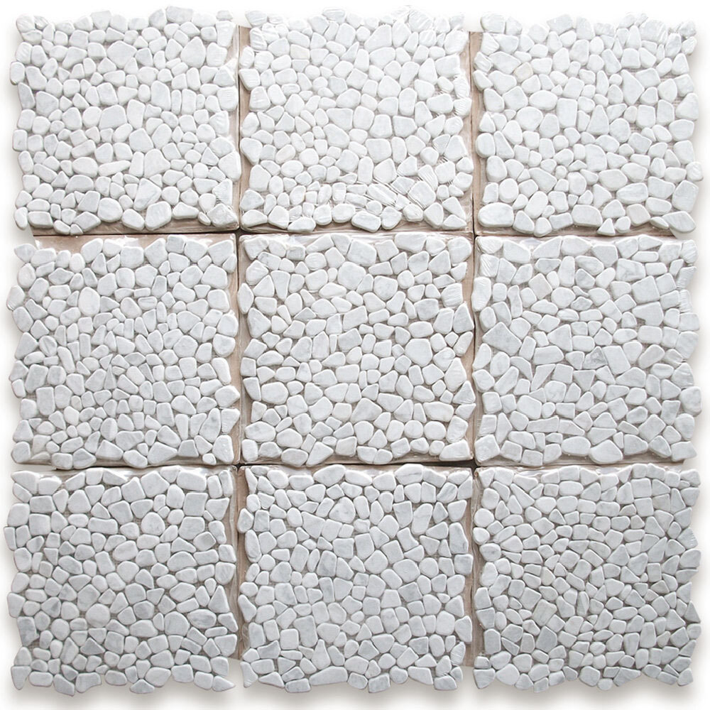C98T Pebble Stone Mosaic Tile Carrara White Marble River Rocks Tumbled