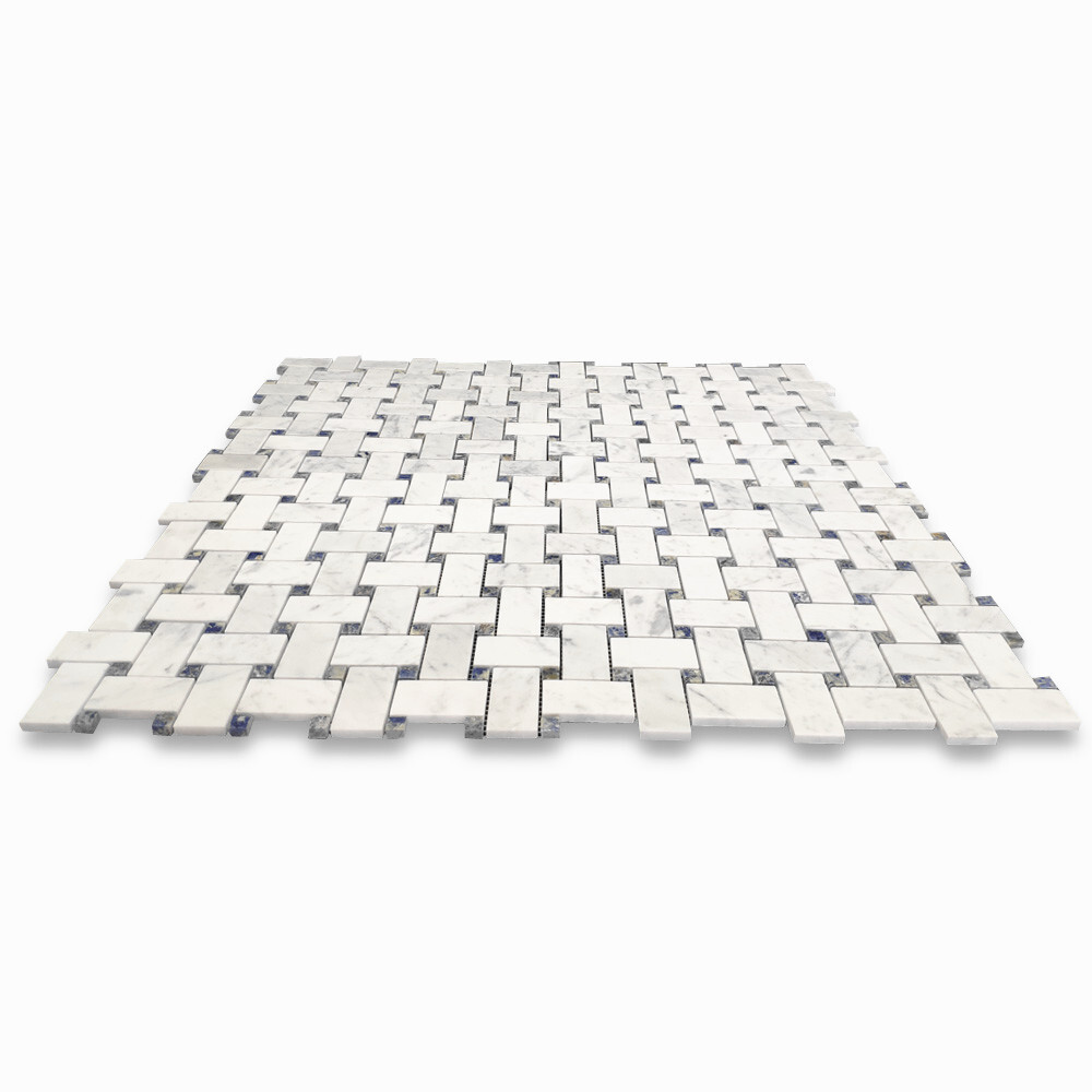 C656XP Carrara White Marble Basketweave Mosaic Tile Azul Blue Dots Polished