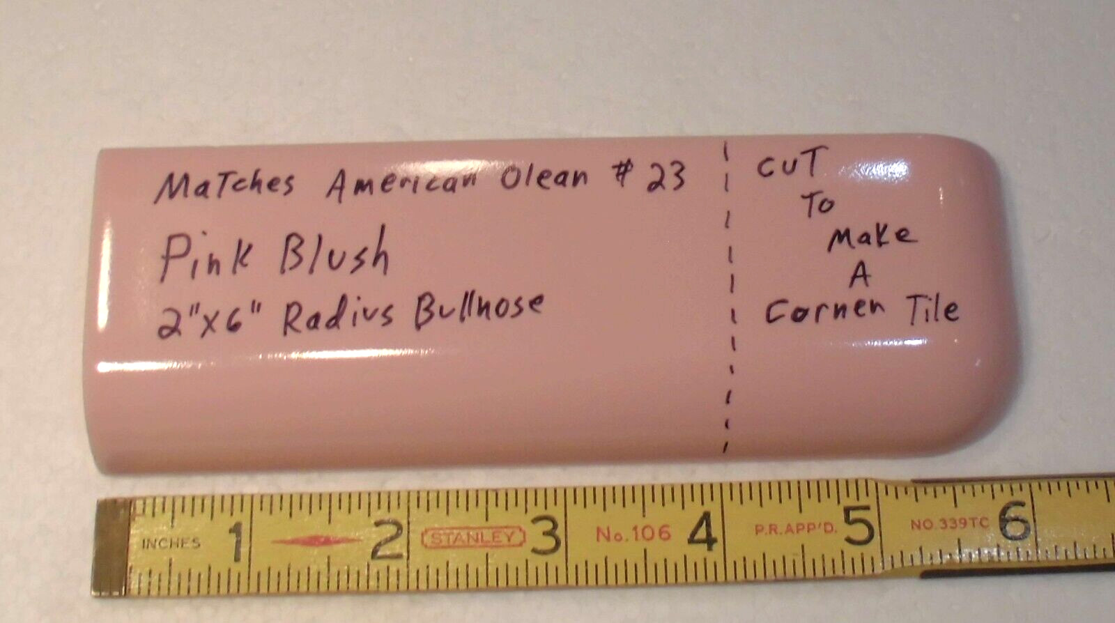 1 pc. Pink Blush Color: 2″ X 6″ Ceramic Radius Bullnose Corner Tile or 2″ X 2″