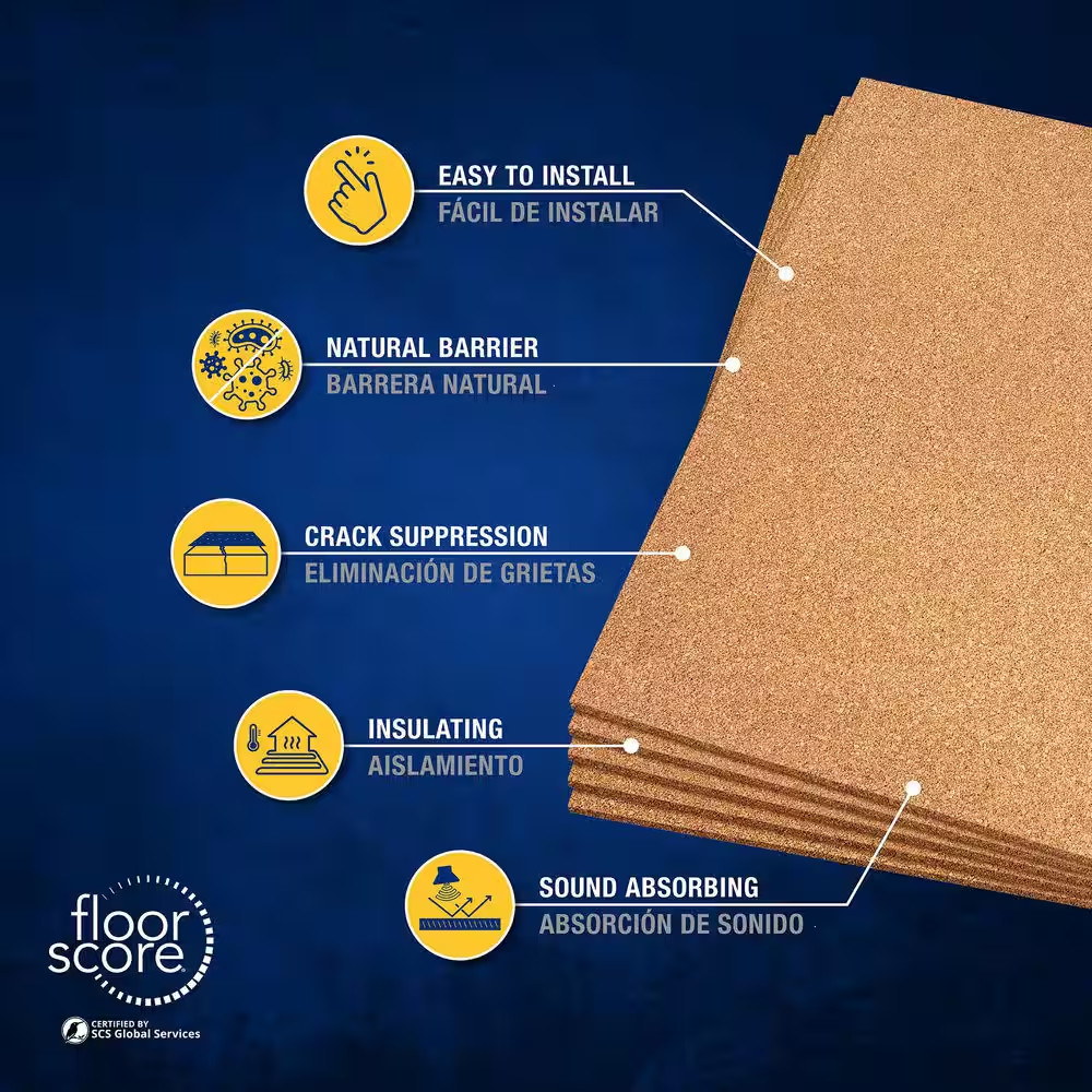30 Sq. Ft. 2 Ft. Wide X 3 Ft. Long X 6Mm Thick Natural Cork Sound Dampening Unde