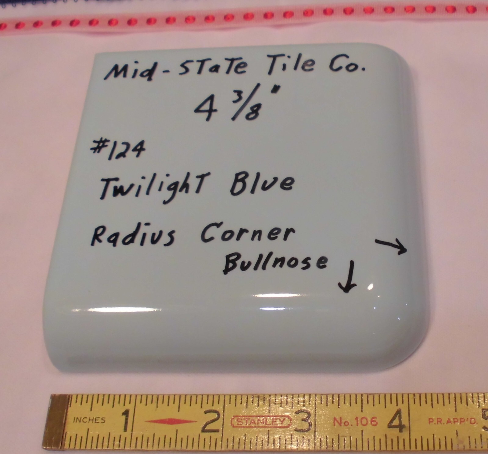 1 pc. Corner Bullnose; Twilight Blue Glossy Ceramic Tile; Mid-State 4-3/8″ Mudd