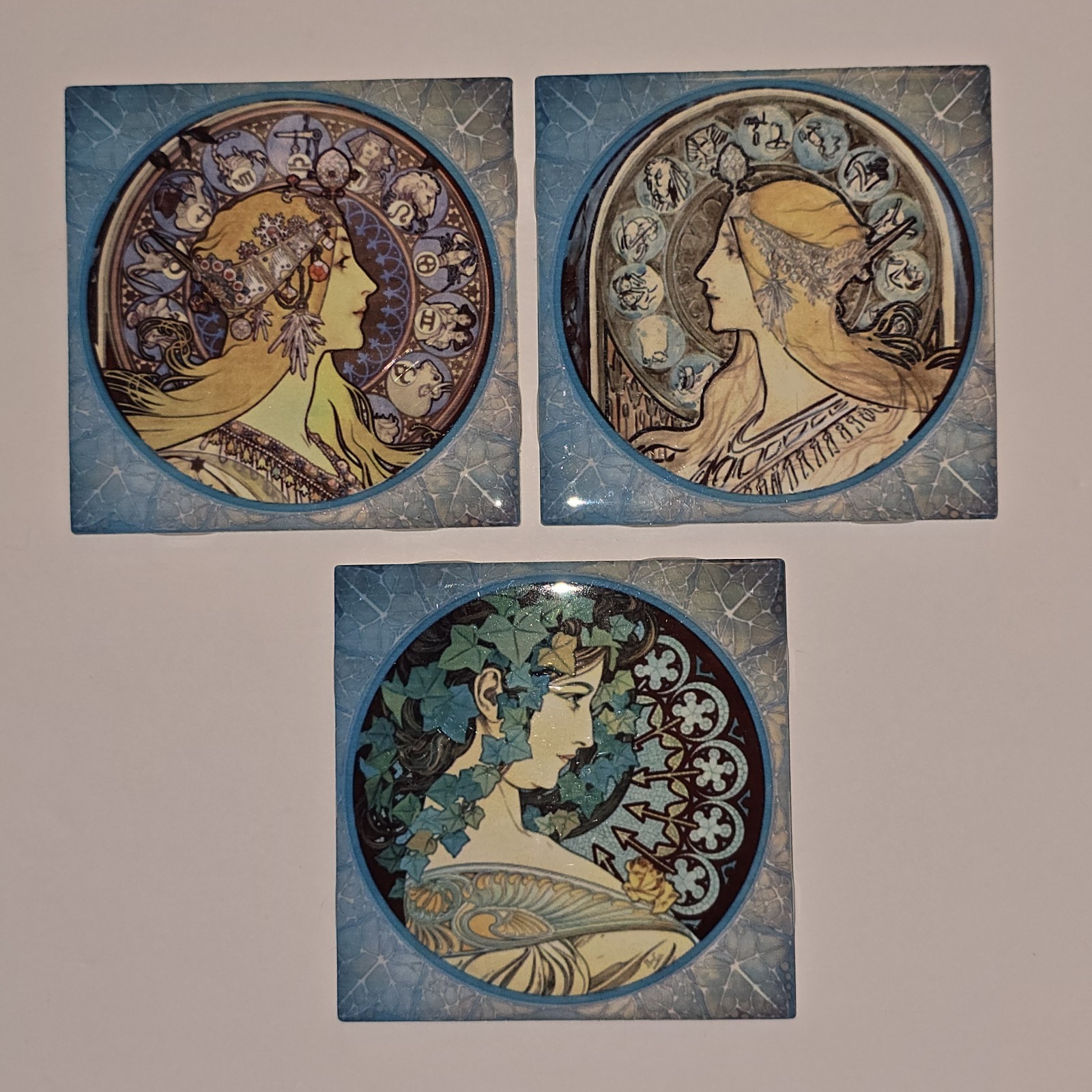 3 Art Nouveau 4.5″ X 4.5″ Alphonse Mucha Ceramic Decorative Backsplash Tile