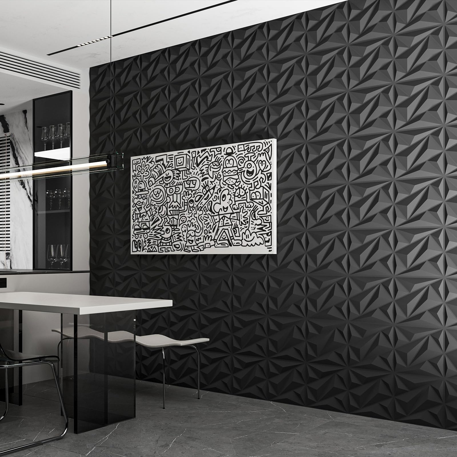 3D Wall Panels Diamond Textured PVC for Interior Decor Black 12″x12″ 33 Pack