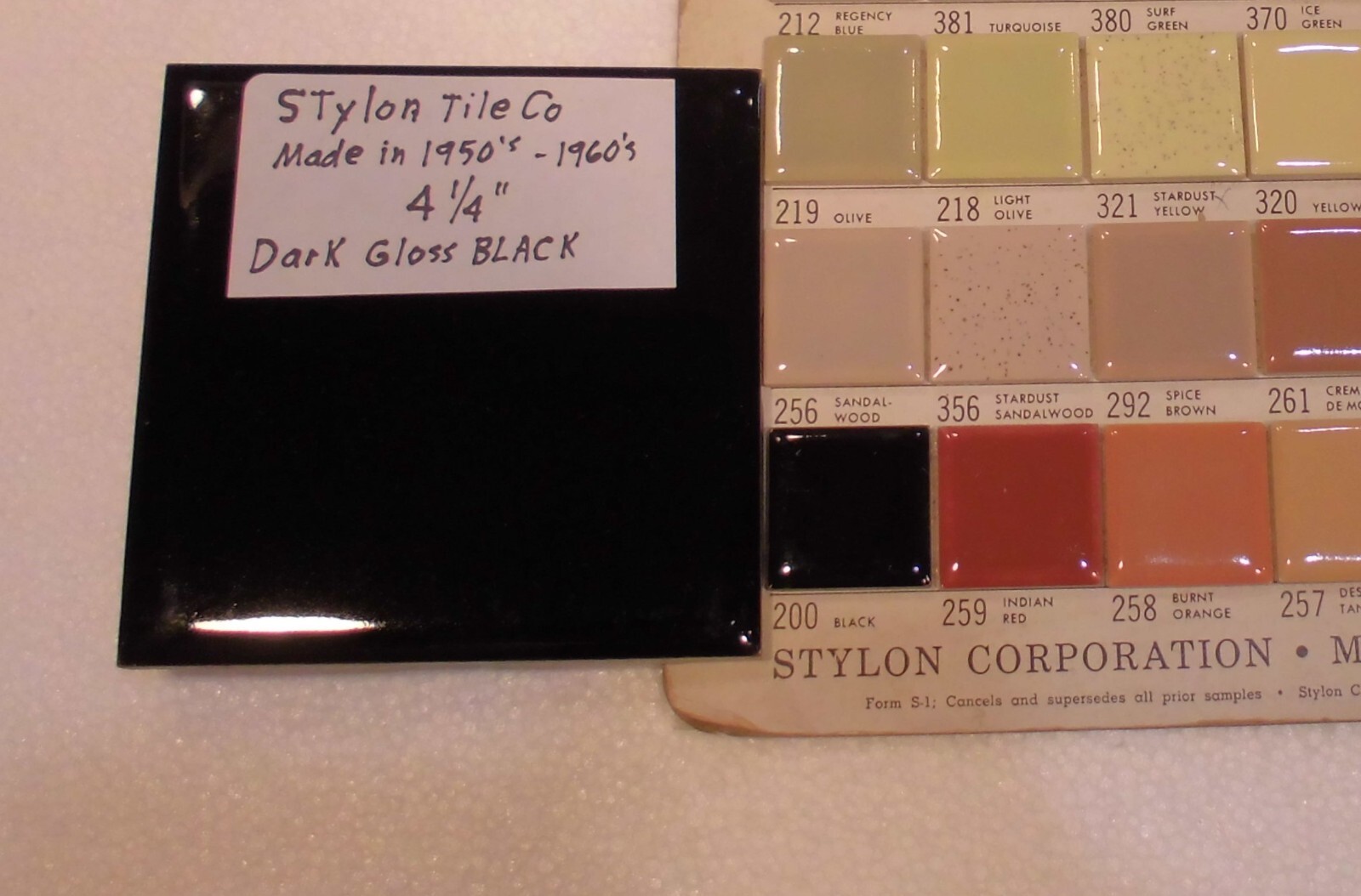1 pc. Dark Gloss Black: 4-1/4″ Ceramic Tile by Stylon Co. Made in 1950’s -60’s