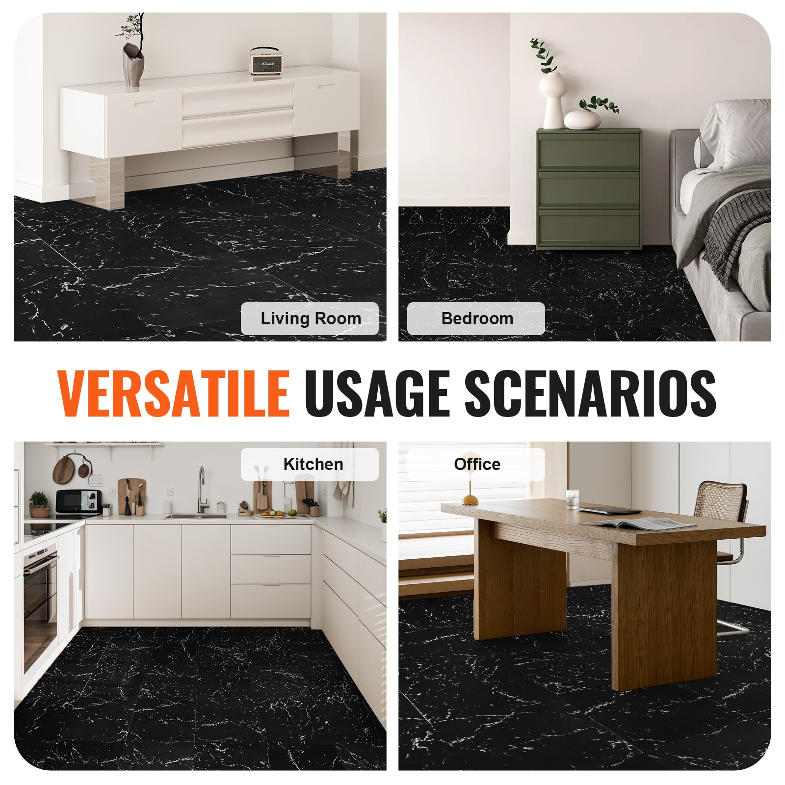 VEVOR 12” x 12” Self Adhesive Vinyl Floor Tiles 50 PCS 1.5mm Thick Black Marble