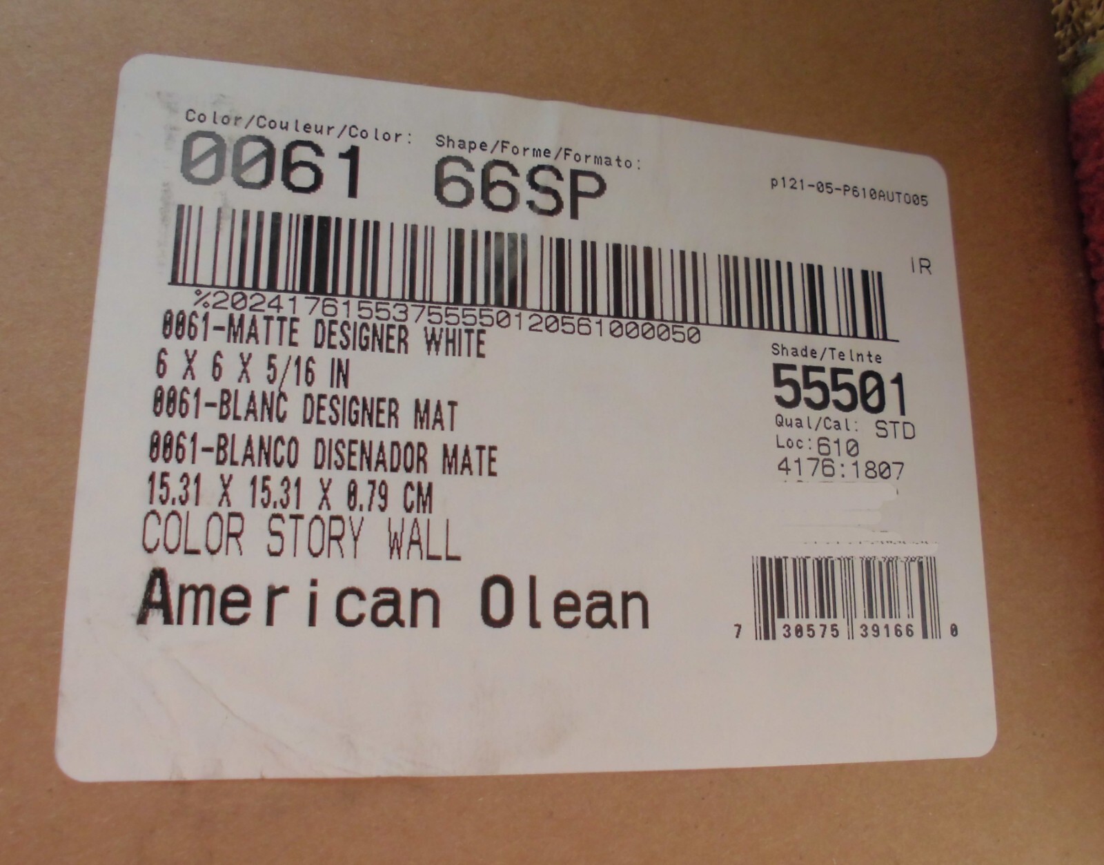 1 pc. *Matte Designer White* #61 by American Olean 6″ X 6″ Ceramic Tile: NEW