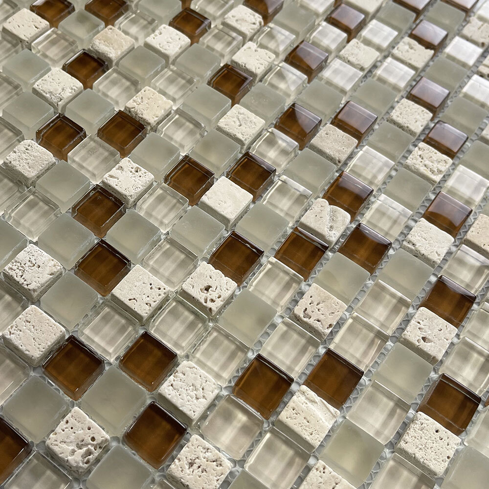 A22003 Glass Mosaic Tile White Brown Glass Beige Travertine 5/8″ Backsplashes