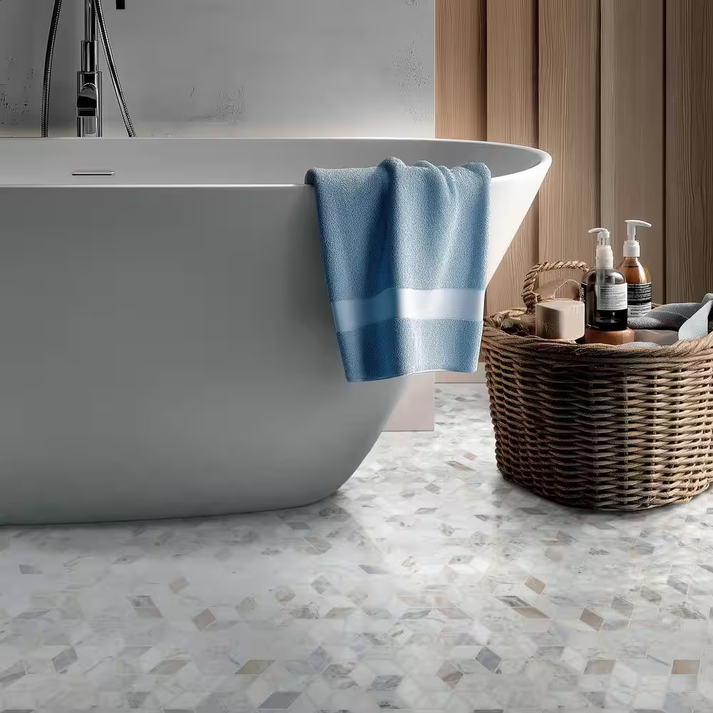 Arabescato Carrara Venato Cube 11 In. X 13 In. Mixed Marble Mesh-Mounted Mosaic