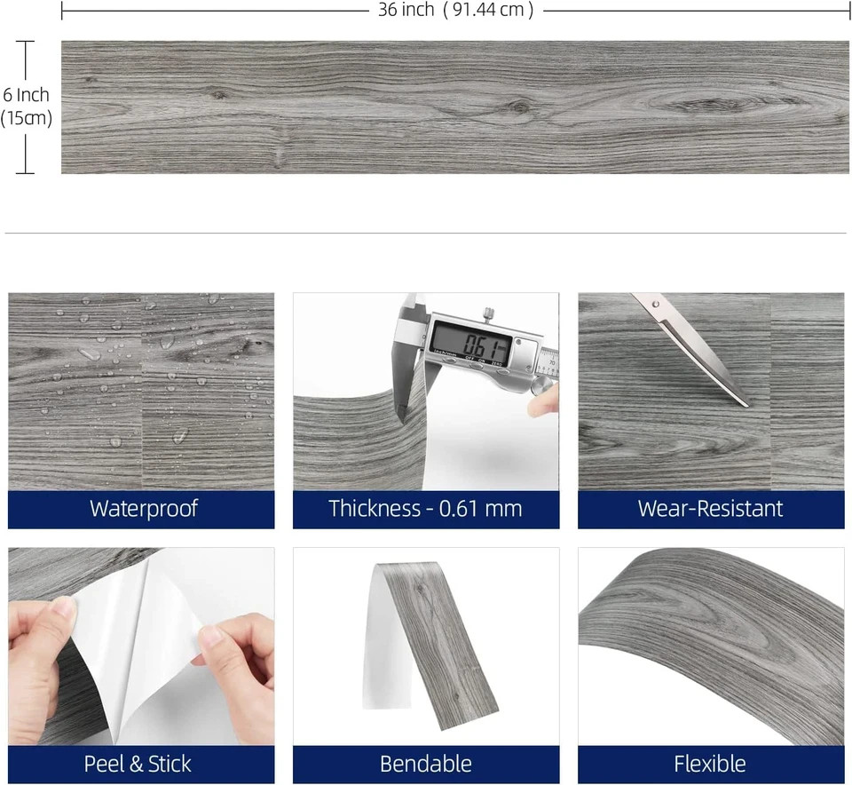 6″X36″ 30 Sheets Peel and Stick Floor Tile Waterproof Grey Wood Look Vinyl Floor