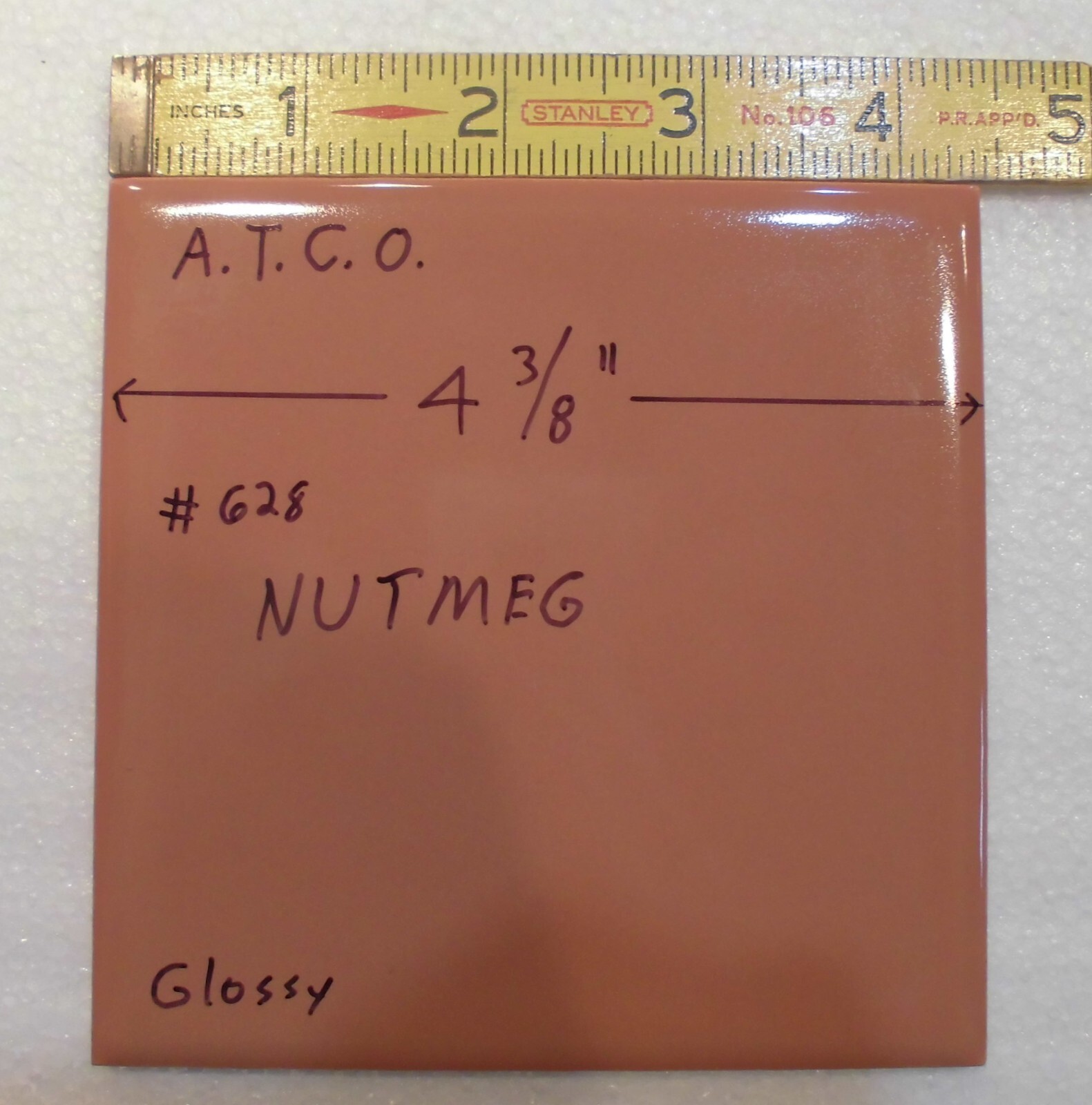 1 pc. Medium Brown – Nutmeg: 4-3/8″ Glossy Ceramic Tile by ATCO, New Old Stock