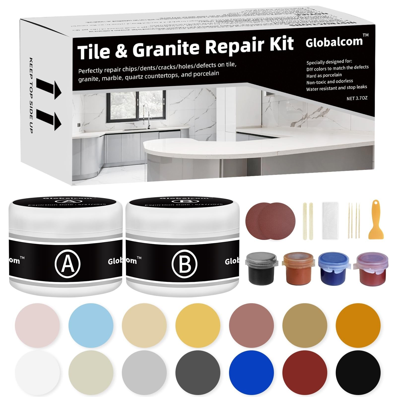 Globalcom Tile and Granite/Marble Repair Kit, Porcelain Stone and Quartz Coun…