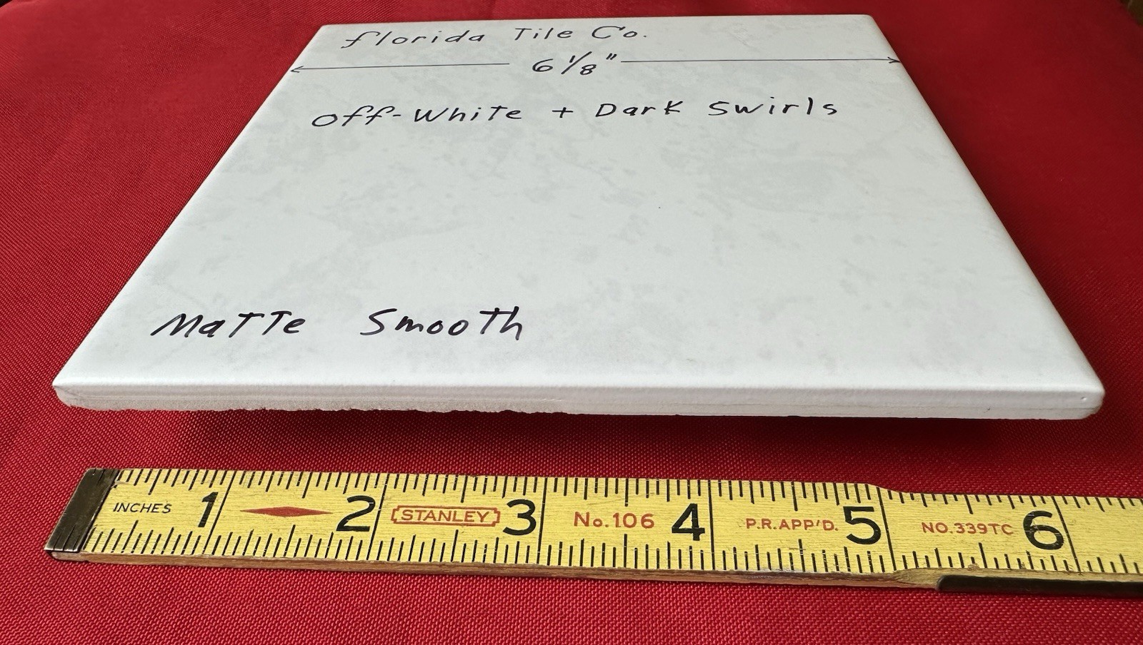 1 pc. Off-White + Dark Swirls: 6-1/8″ Square, Matte Ceramic Tile by Florida, NEW