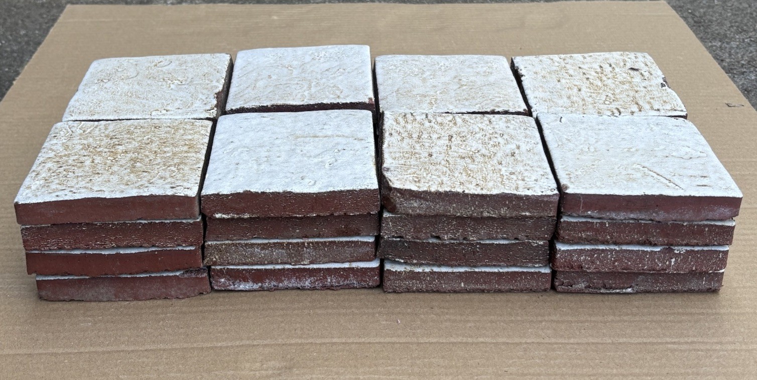 4 Vintage Hand Made Mottled Glazed Field Tile THICK 3 7/8″sq Set of 4 NOS #B