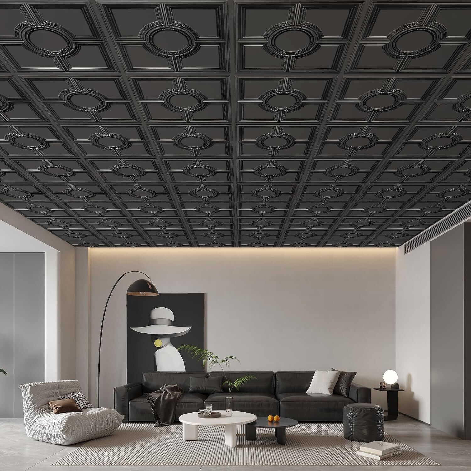 Black PVC Ceiling Tiles 2x2Ft Waterproof 12 Pack 48 SqFt Glue Up or Drop In