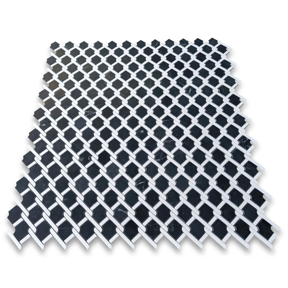 N2D5XP Nero Marquina Black Marble Princess Weave Rope Mosaic Tile White