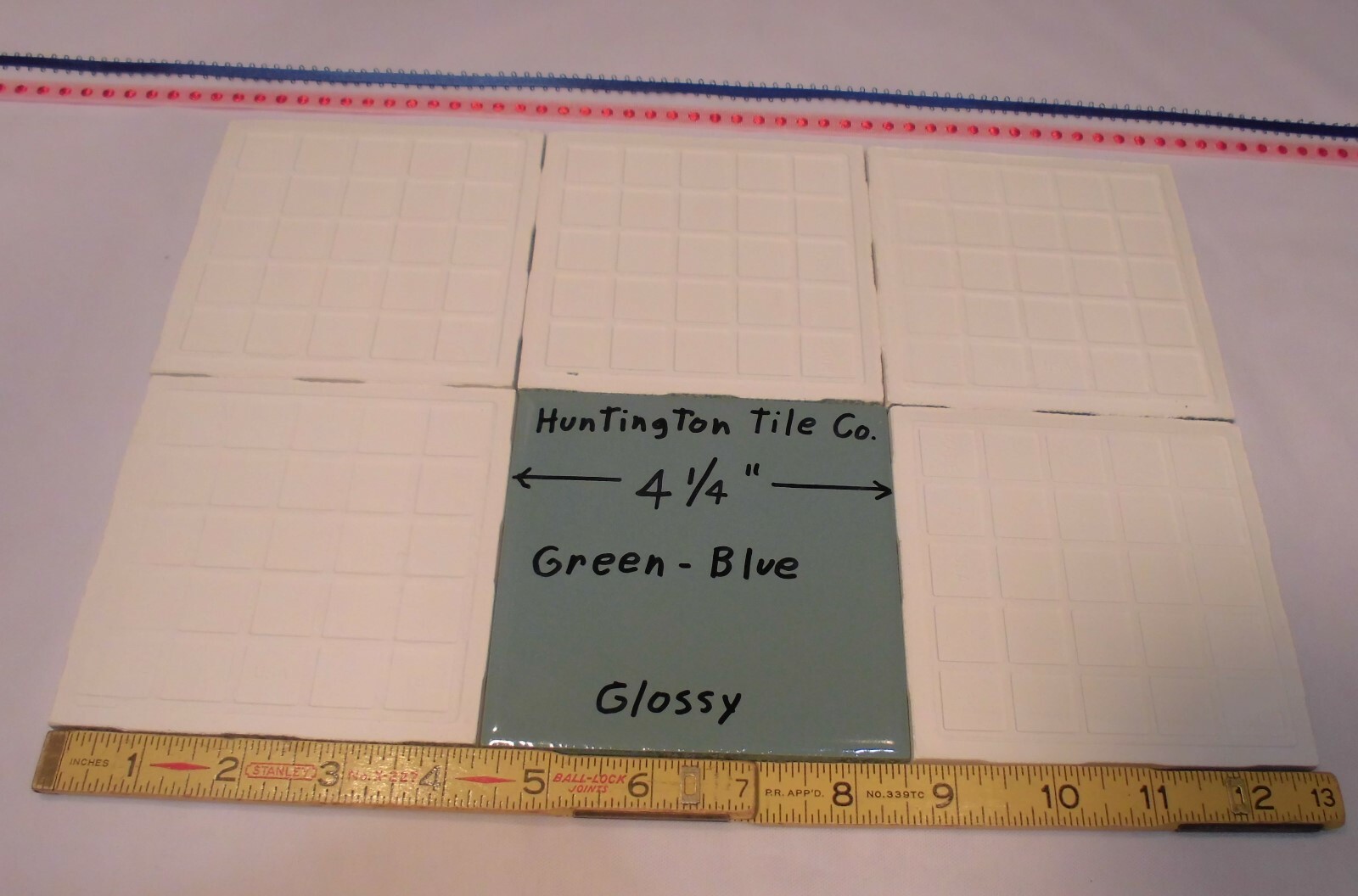 6 pcs. Glossy Ceramic Tiles *Green-Blue* 4-1/4″ Made USA by Huntington Co. NEW