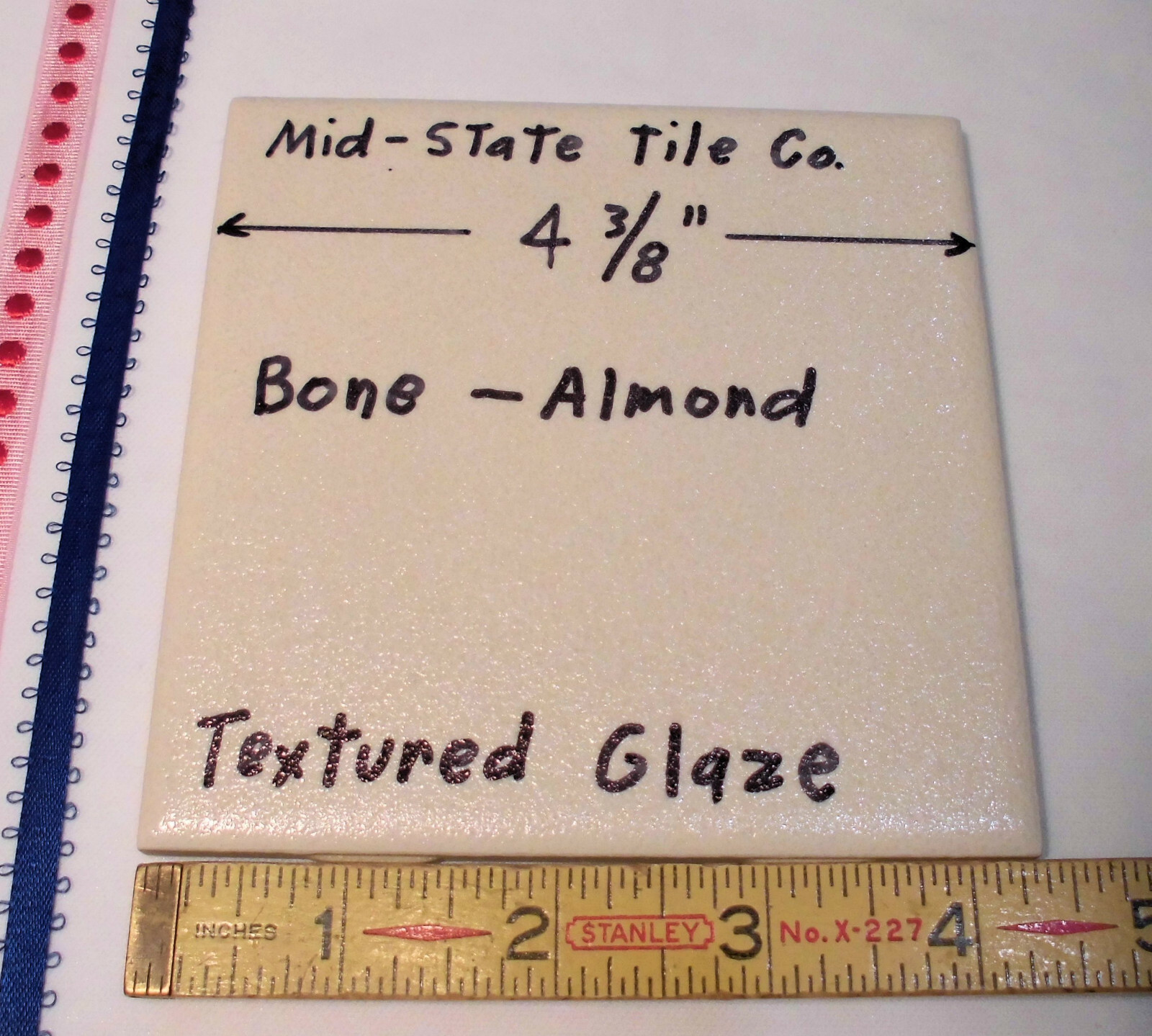 1 pc. Ceramic Tile *Bone-Almond* by Mid-State Co. 4-3/8″ (NOS) Textured Glaze