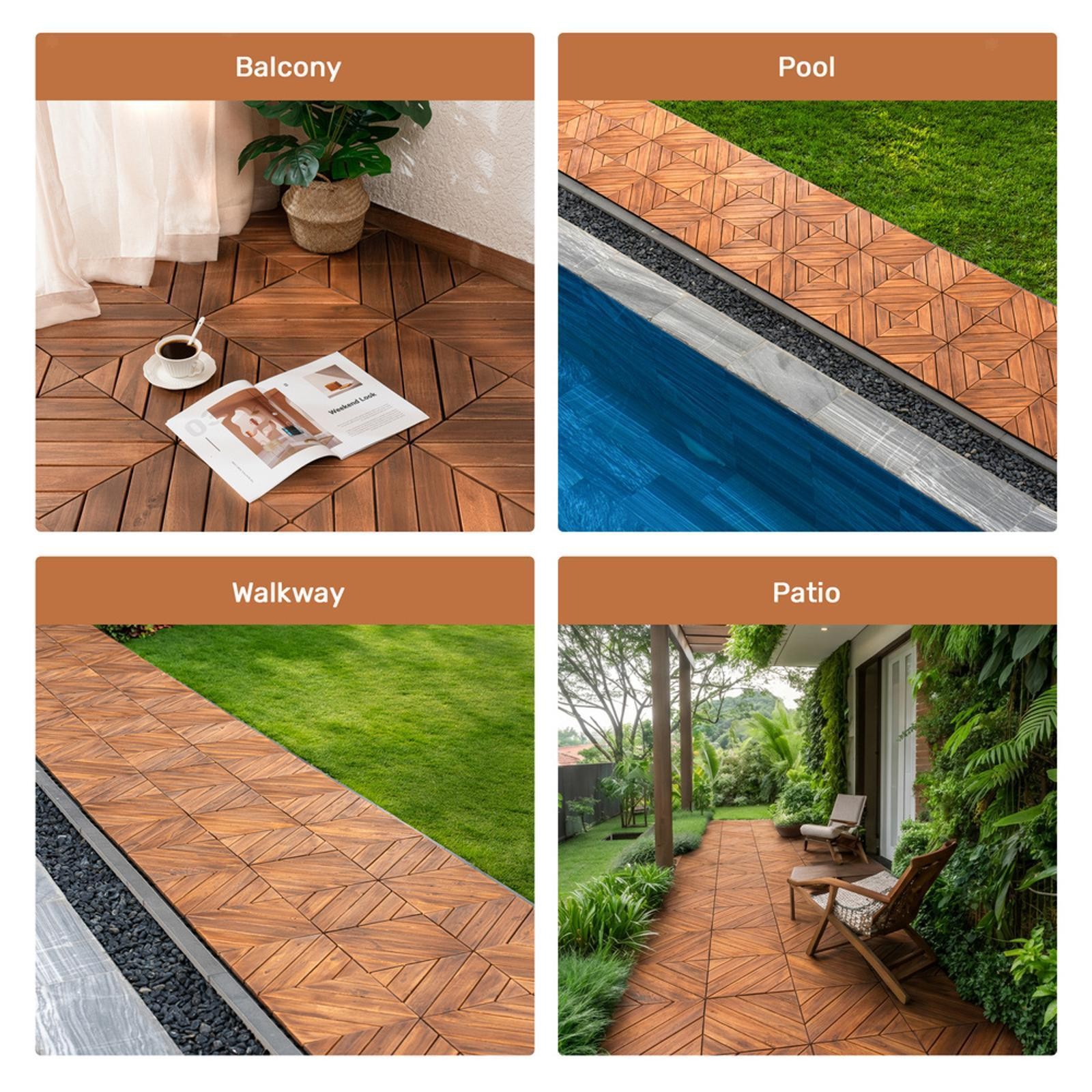 Acacia Deck Tiles Set, 27PCS 12×12, Interlocking Waterproof Flooring for Patio,