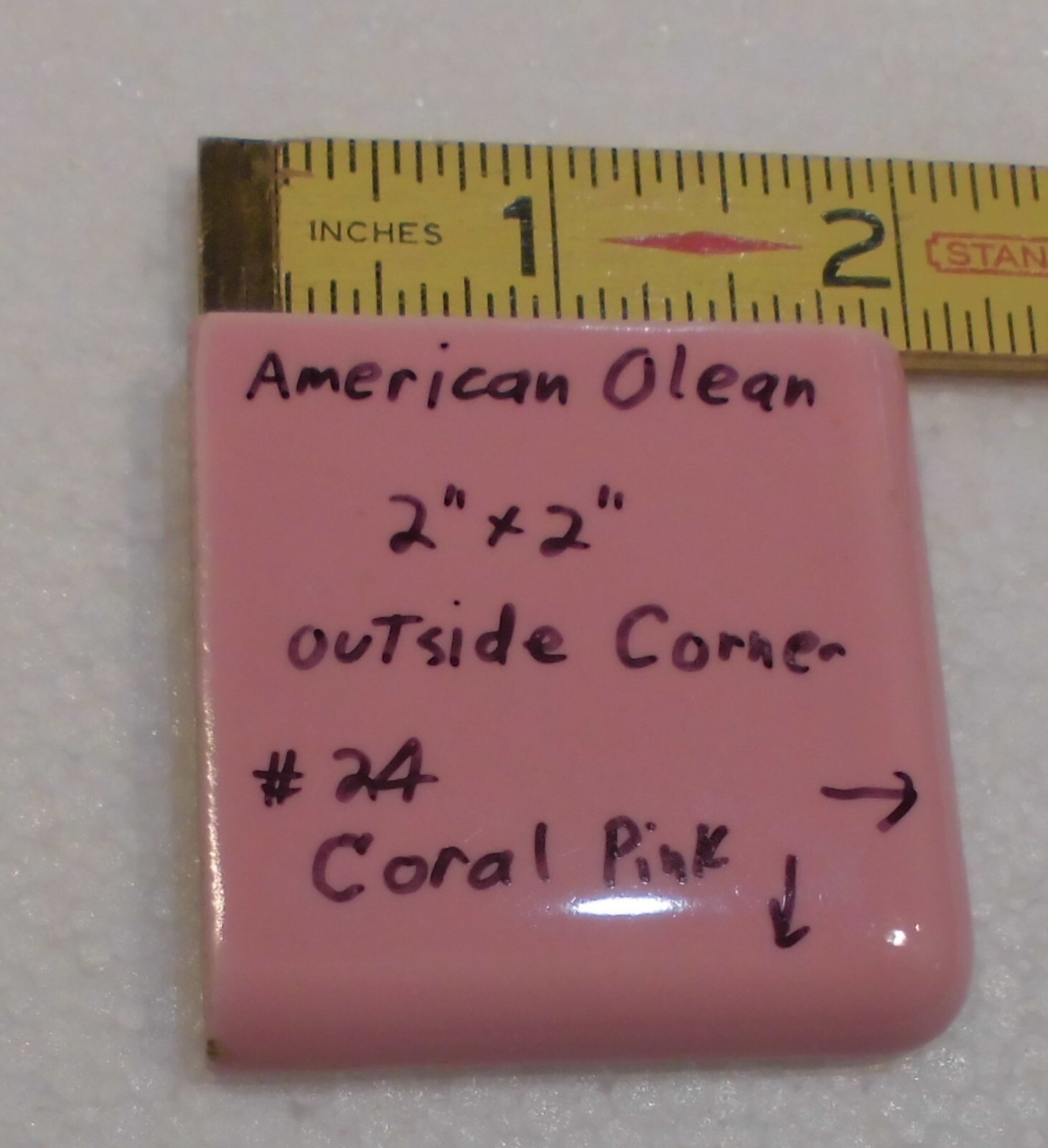 1 pc. Coral Pink: 2″ X 2″ X 5/16″ Glossy Ceramic Surface Bullnose Corner Tile