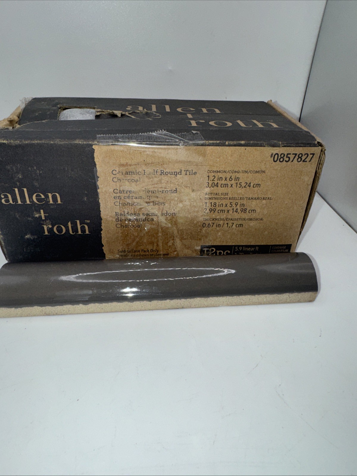 BOX of 12 Allen + Roth Charcoal Gray Glazed Ceramic Half Round Wall Tile Trim 6″