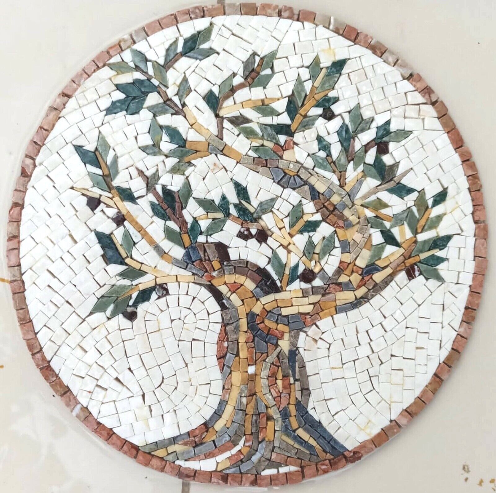12″ Round Custom Handmade Olive Tree Backsplash Mural Marble Mosaic Tiles.