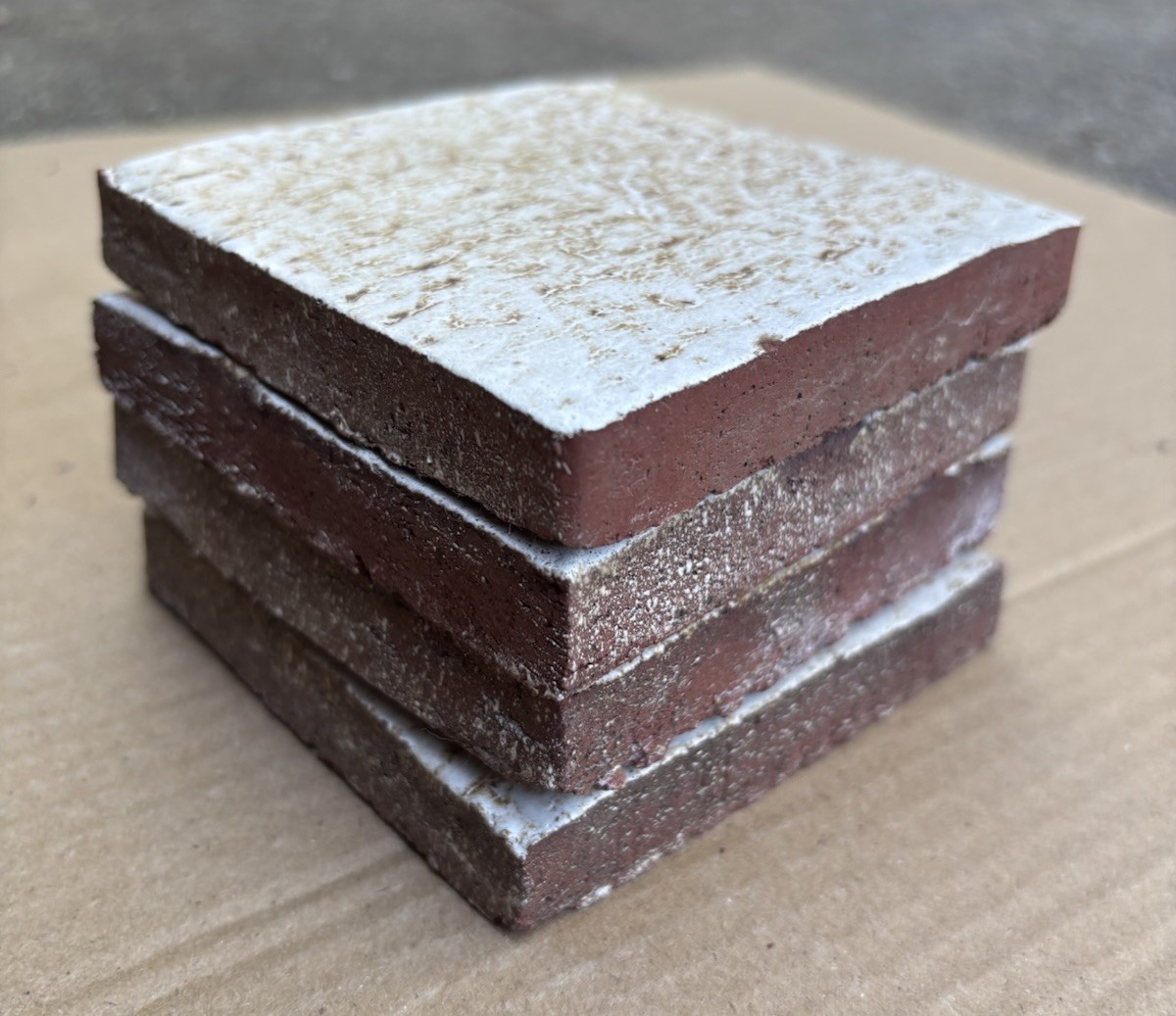 4 Vintage Hand Made Mottled Glazed Field Tile THICK 3 7/8″sq Set of 4 NOS #B