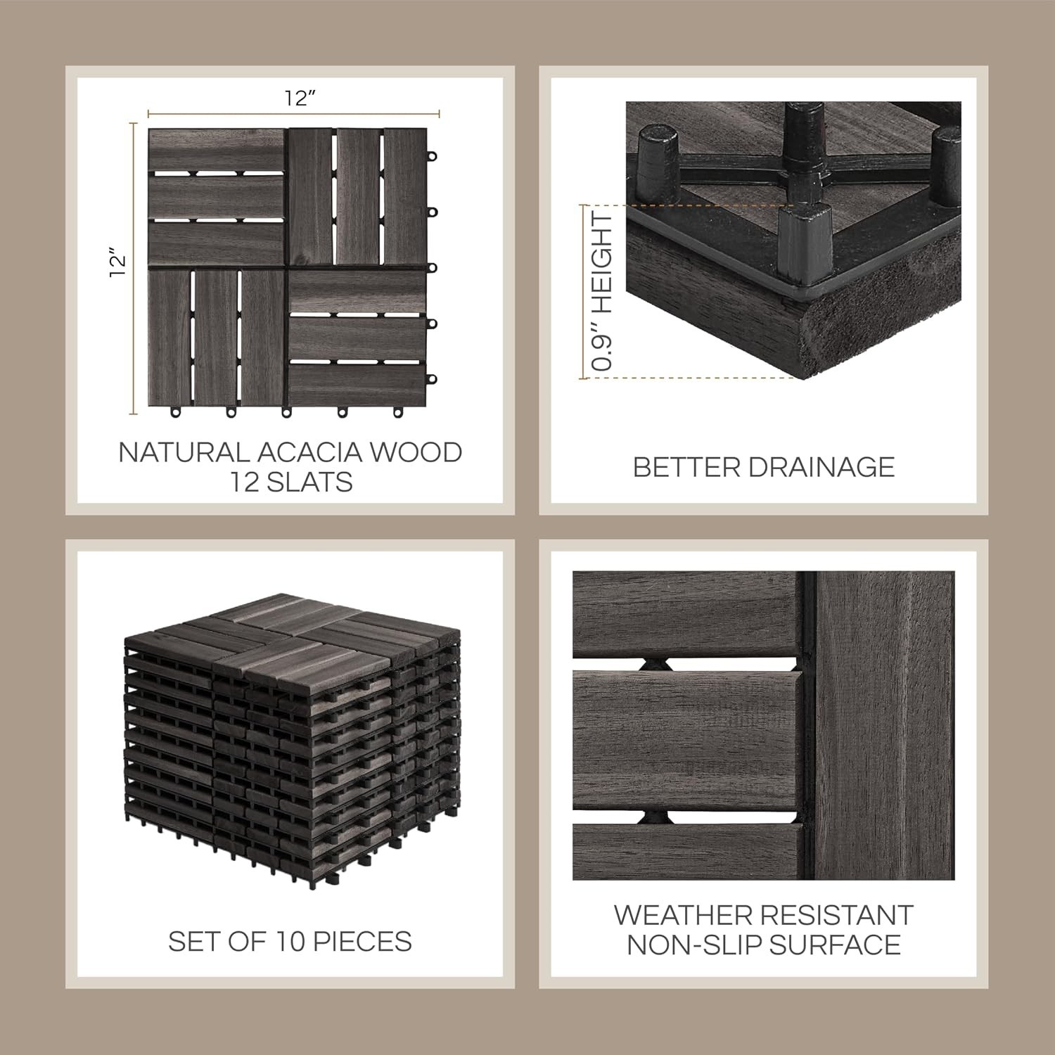 10 PACK THYOI Acacia Wood Deck Tiles Patio Flooring 12”x12”x0.9” Interlocking