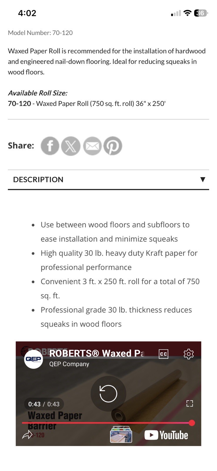 Roberts174; 70-120 Heavy Duty Waxed Paper Underlayment 750 Sq/Ft Roll X 250’L X