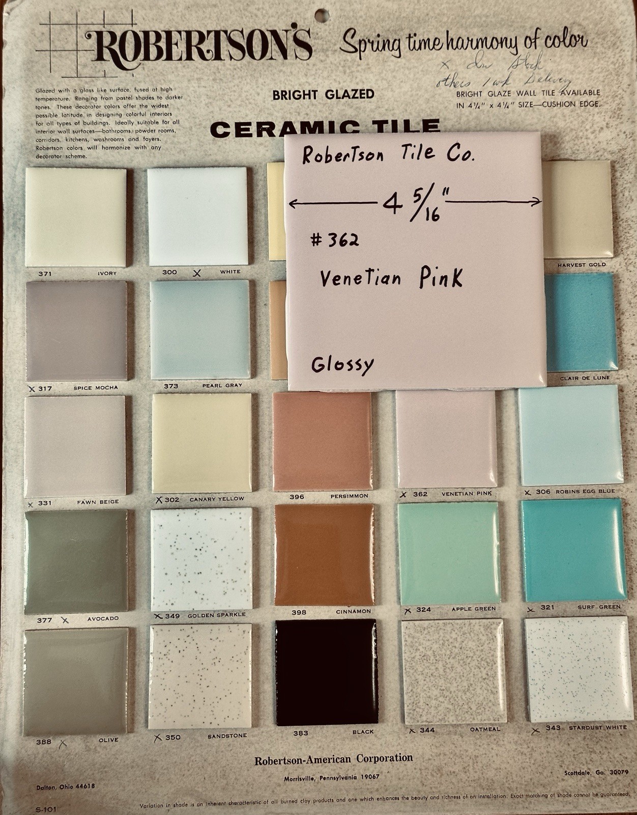 1 pc. Venetian Pink: 4-5/16″ Glossy Ceramic Tile, #362 by Robertson Tile Co. NOS