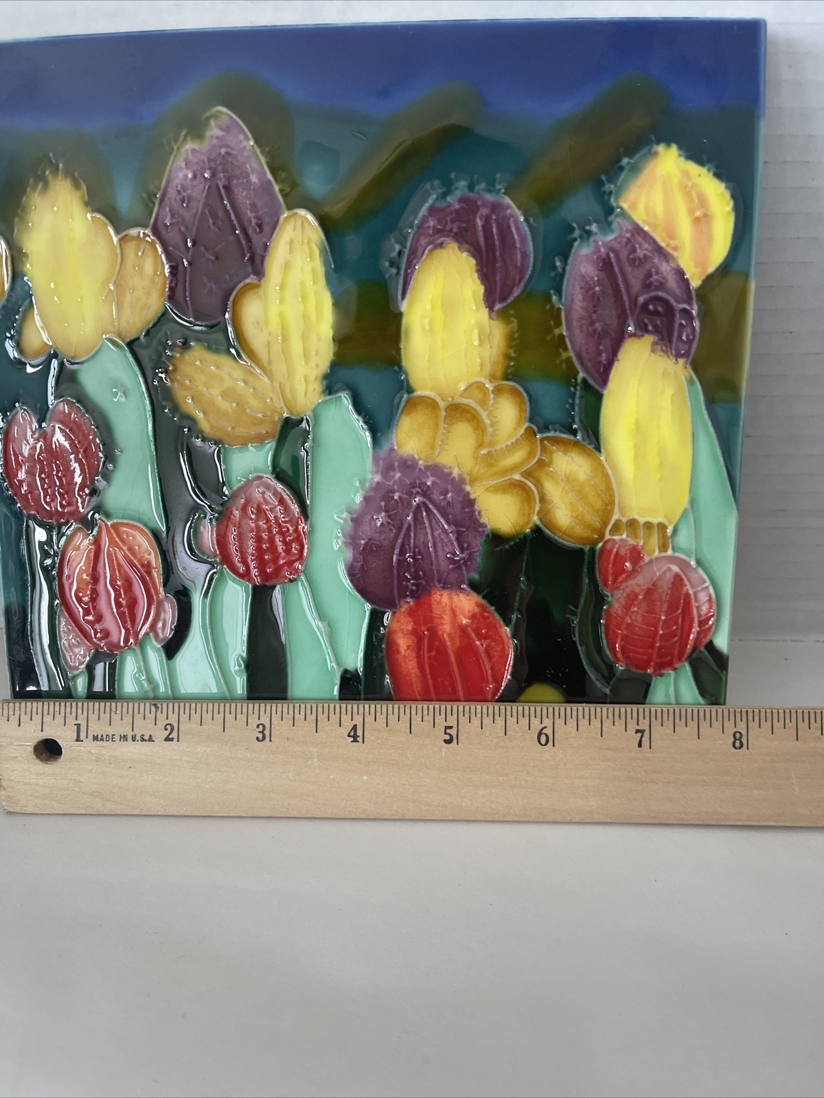 Tropical Cactus Flower Trivet Ceramic Art Tile 8×8” Freestanding Decorative