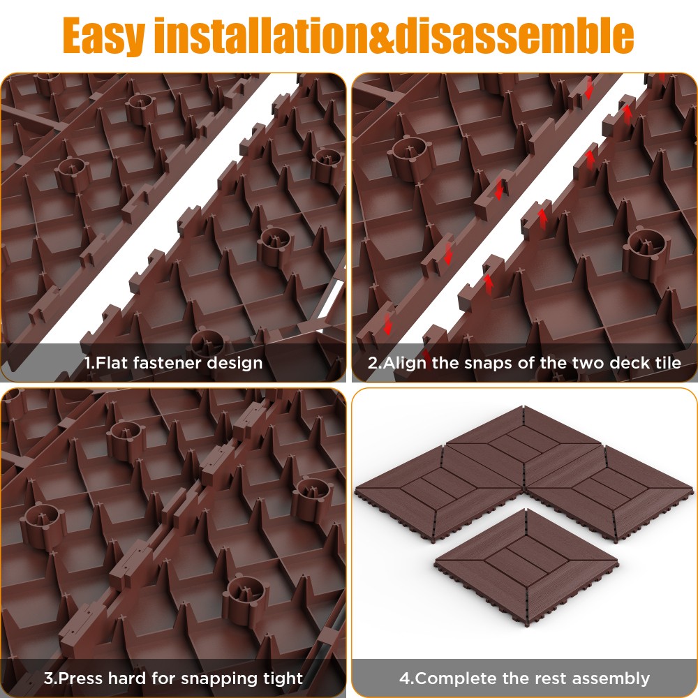 44 Pack 12×12 Interlocking Patio Tiles DIY Deck Floor Tiles Polypropylene Indoor