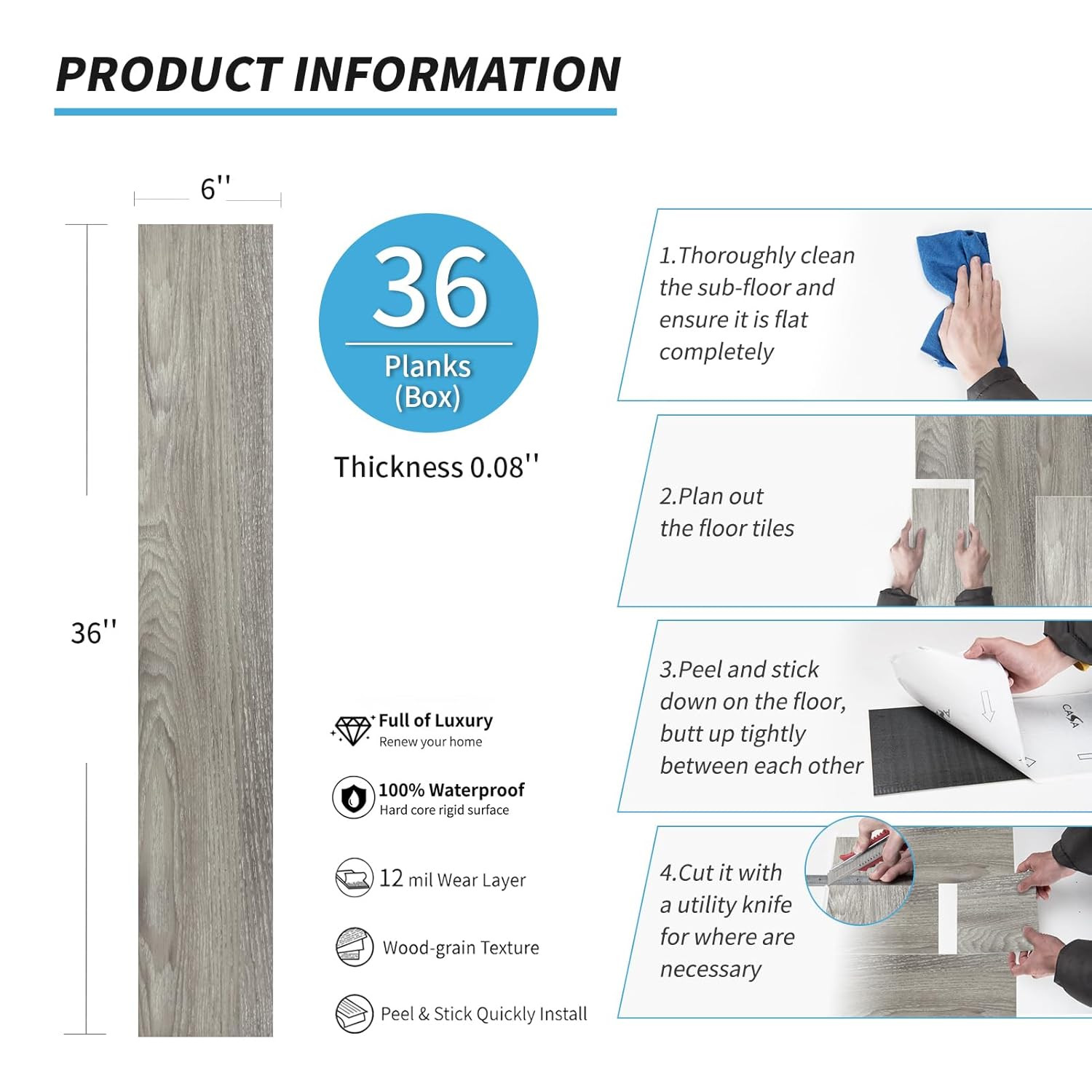 Peel and Stick Floor Tile Vinyl Wood Plank 36-Pack 54 Sq.Ft, Light Grey, Rigid S
