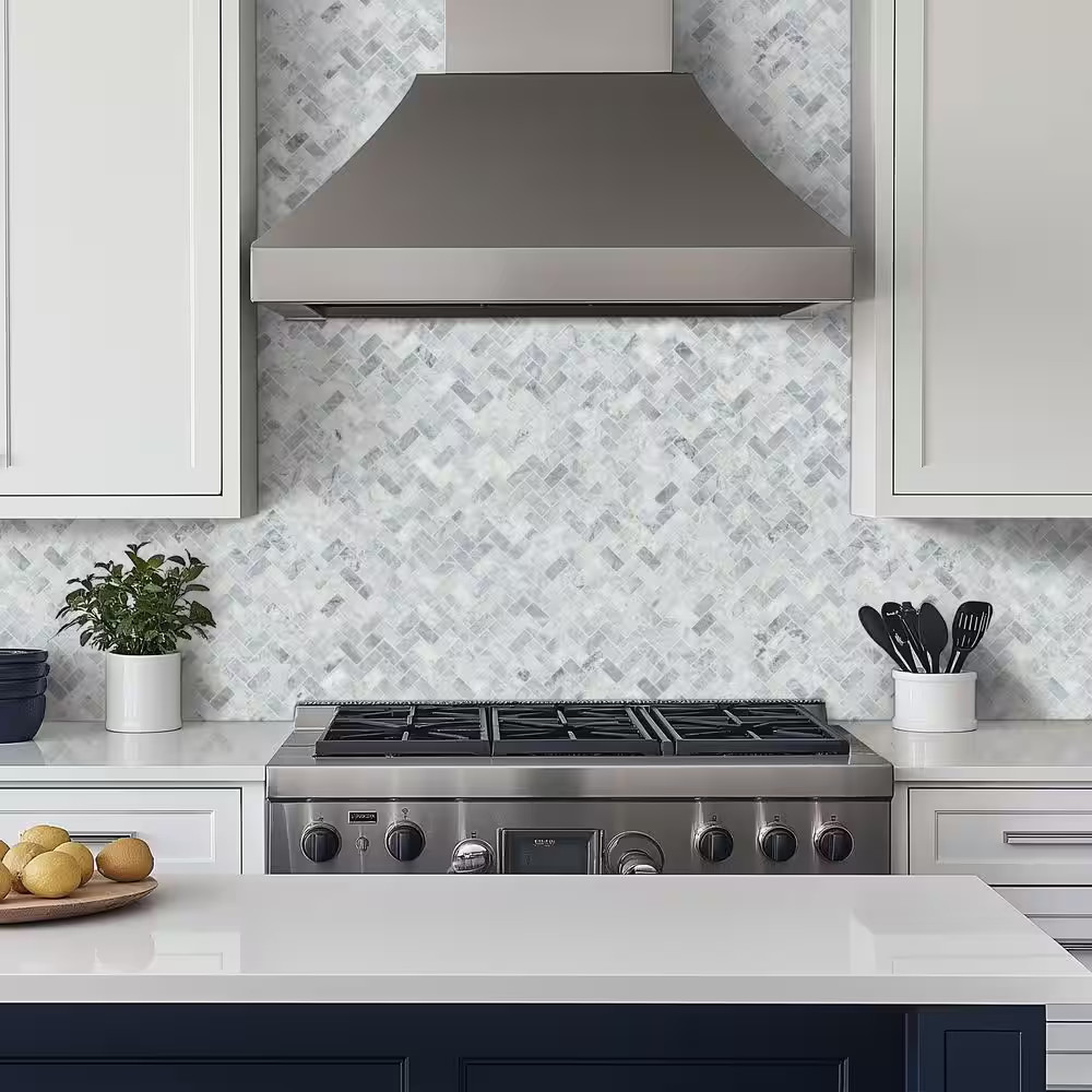 Capri Blue Herringbone 12 In. X 12 In. X 0.38 In. Honed Marble Mesh-Mounted Mosa