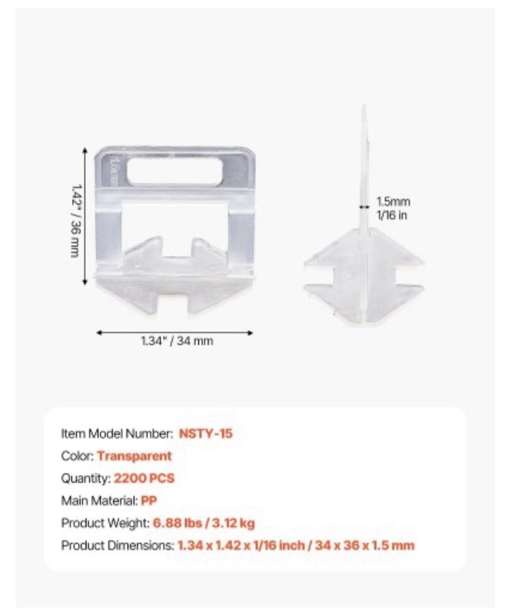 2200 PCS 1/16-Inch Tile Leveling Spacers Clips Transparent PP NSTY-15