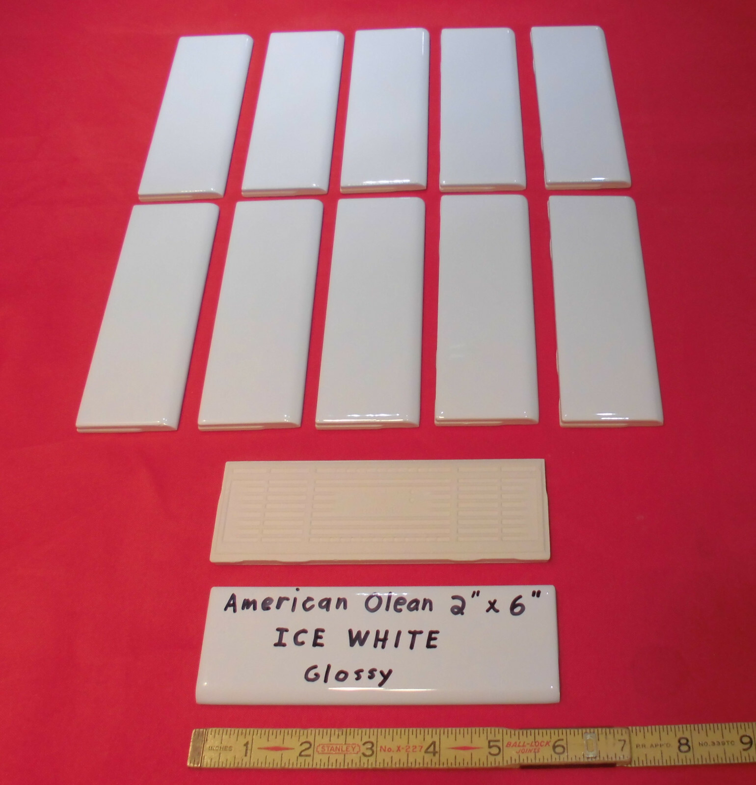 12 pcs. *Glossy Ice White* 2″ X 6″ Bullnose Ceramic Tiles; American Olean, New