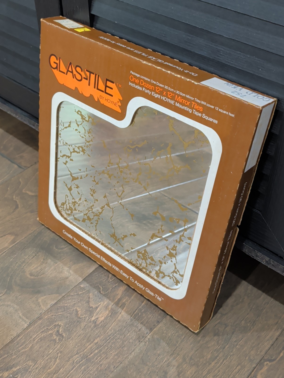 Hoyne Glas-Tile Box of 12 12″x 12 Gold Vein Marble Mirror Tiles 70’s NOS Vintage